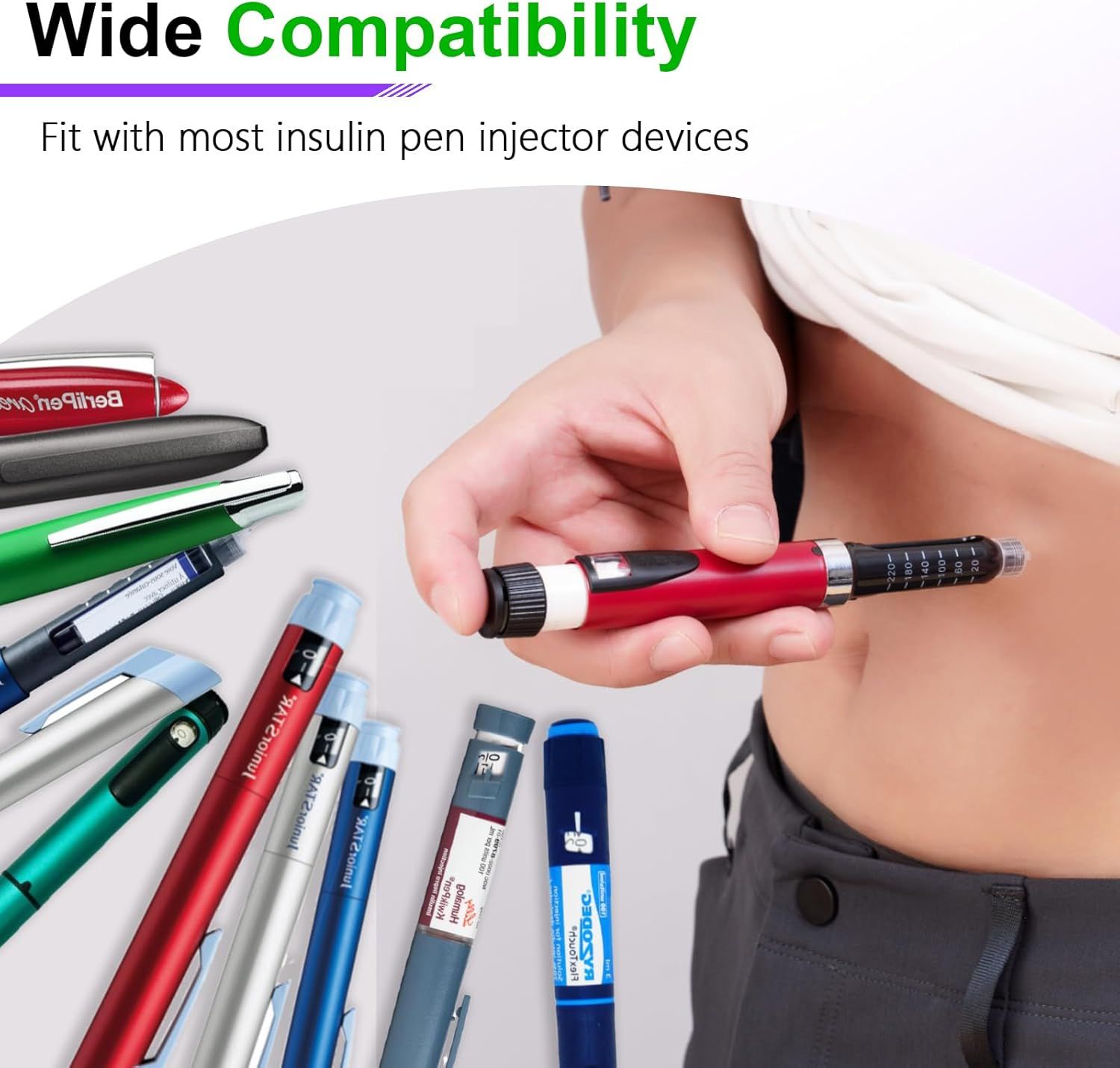 Demonstrates that the product is compatible with most insulin pen injector devices, showing multiple brand options to reassure diabetic shoppers of universal fit.