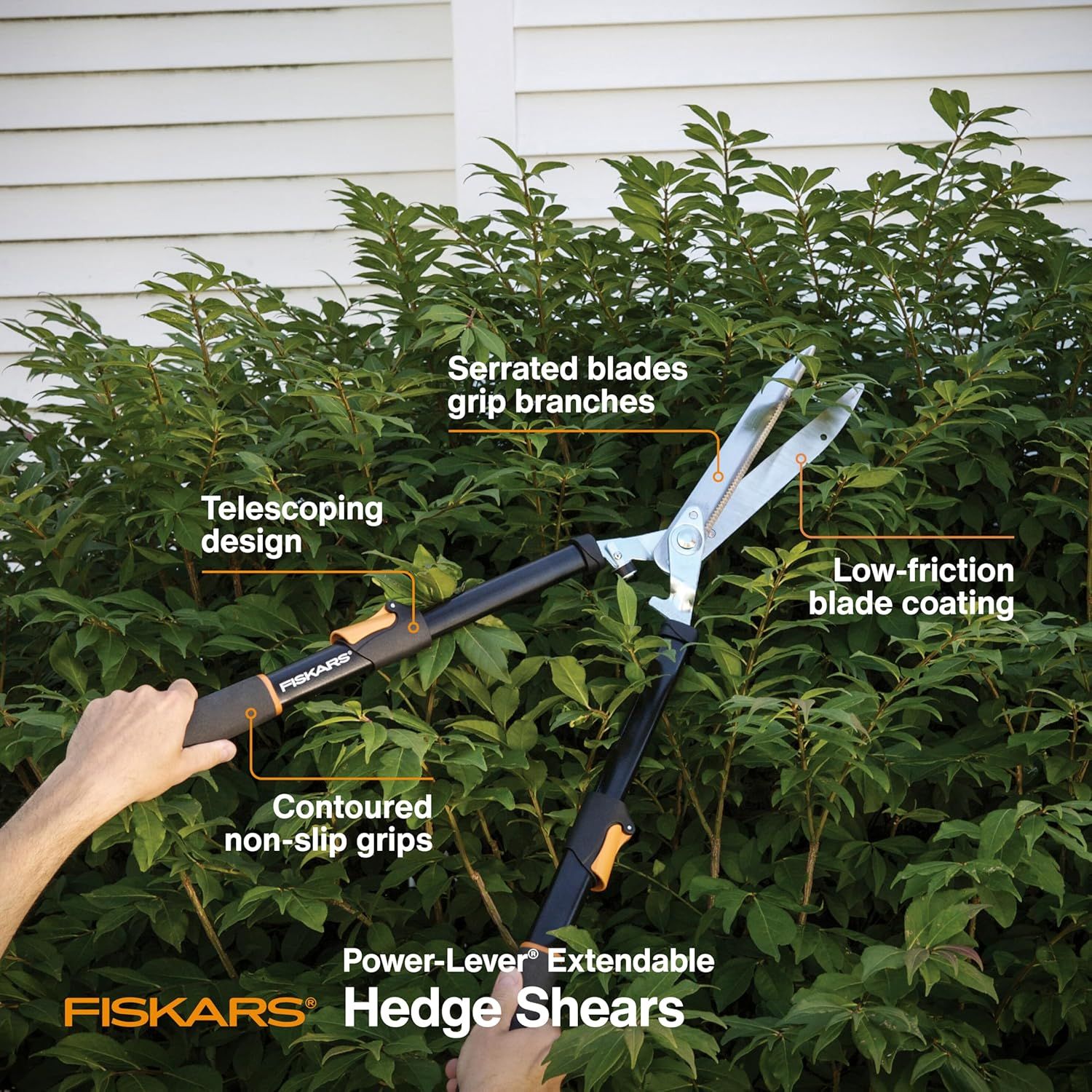 This image breaks down the physical components and structural features of the hedge shears, using callout lines and labels to educate shoppers on what the product is made of and how each part…