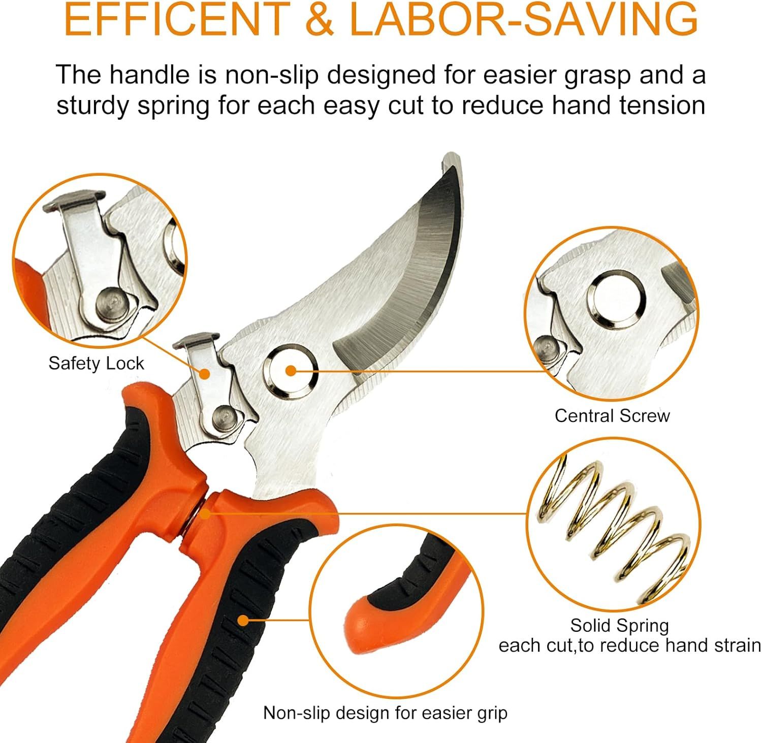 This image breaks down the physical components of the pruning shears to help shoppers understand the construction and design features that make the tool efficient and labor-saving.