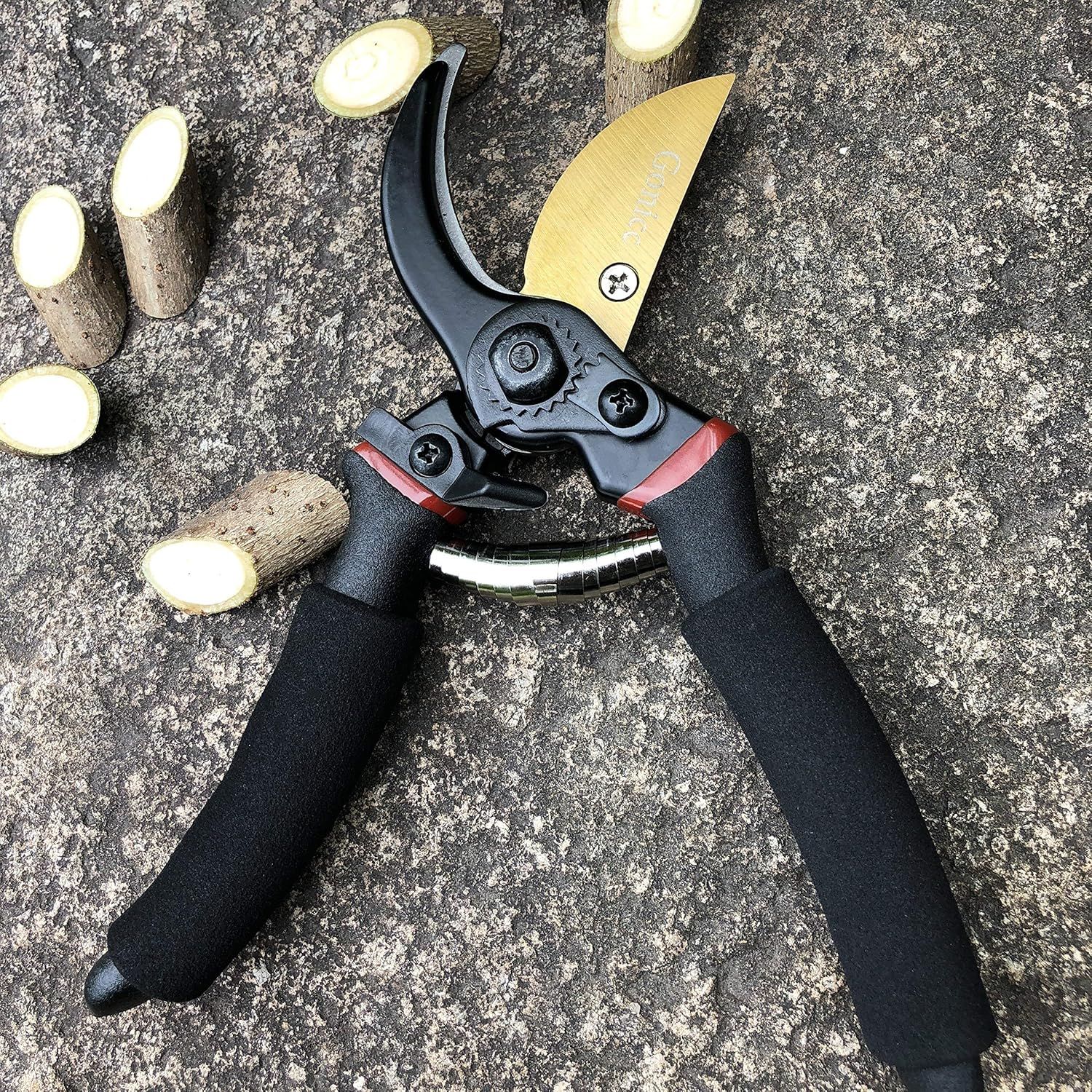 Demonstrates the product in a real-world gardening or pruning scenario, showing the pruning shears cutting through small branches to help shoppers visualize practical use.