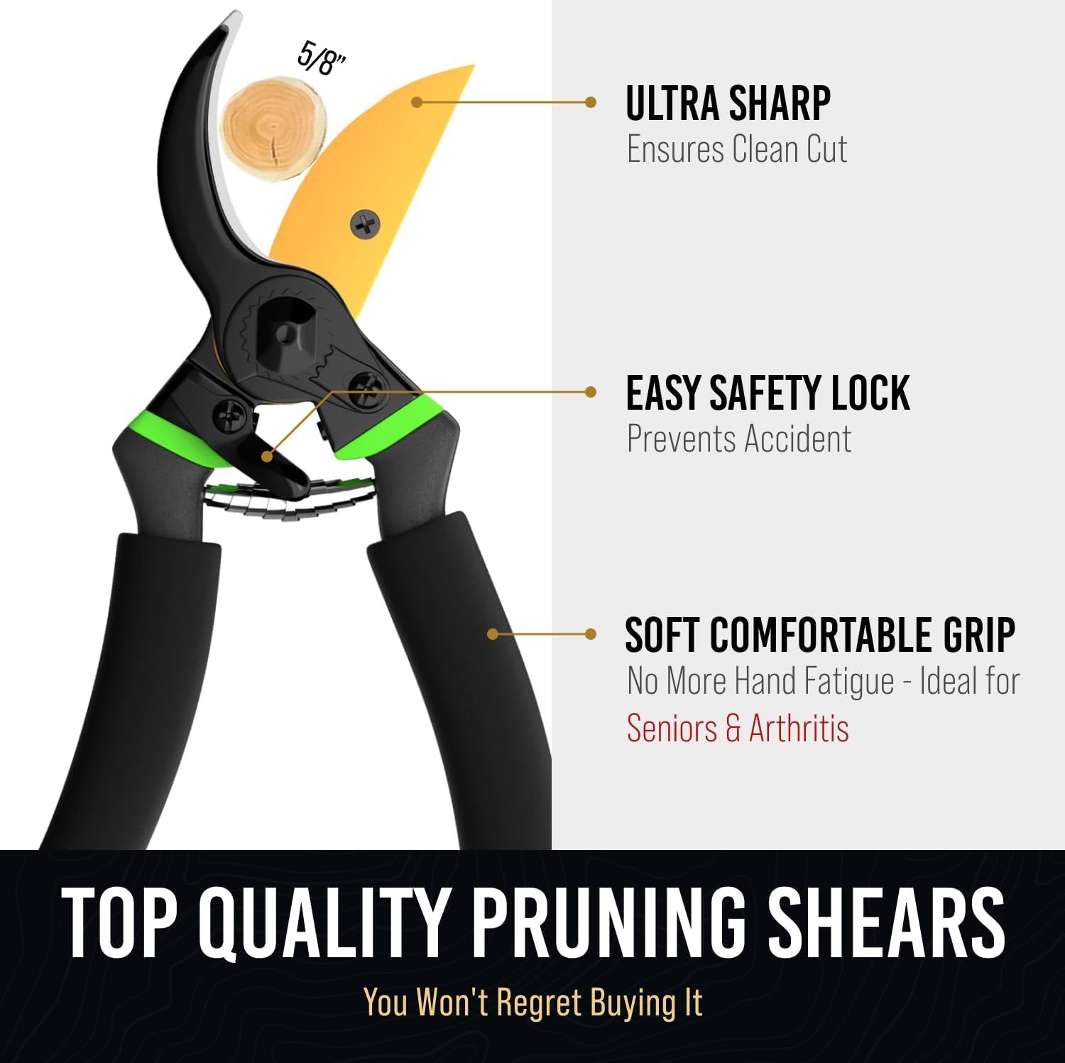 Breaks down the pruning shears by highlighting three key physical components with callout lines and labels, showing shoppers the specific parts that make the tool effective and safe to use.…