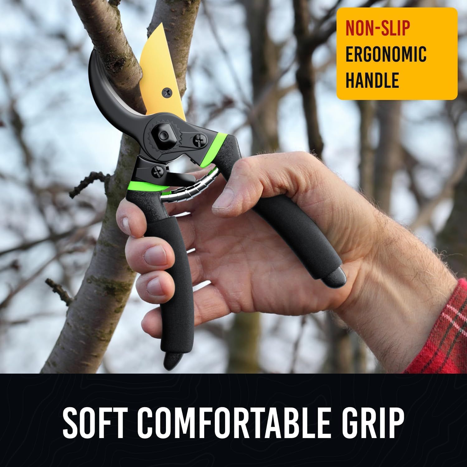 Highlights two distinct ergonomic benefits of the pruning shears—the non-slip handle design and the soft comfortable grip—to reassure shoppers of ease of use and comfort during extended use.