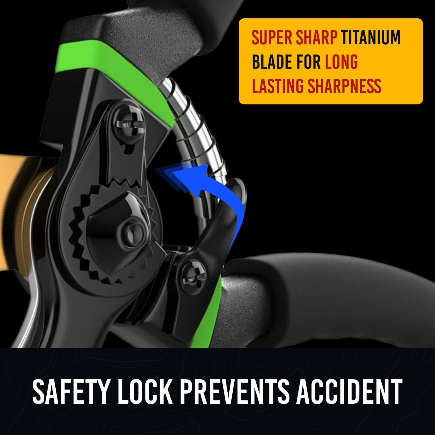 Highlights the internal blade construction and safety lock feature to communicate durability and safe operation to shoppers. Showcases two distinct product benefits—the titanium blade's durability…