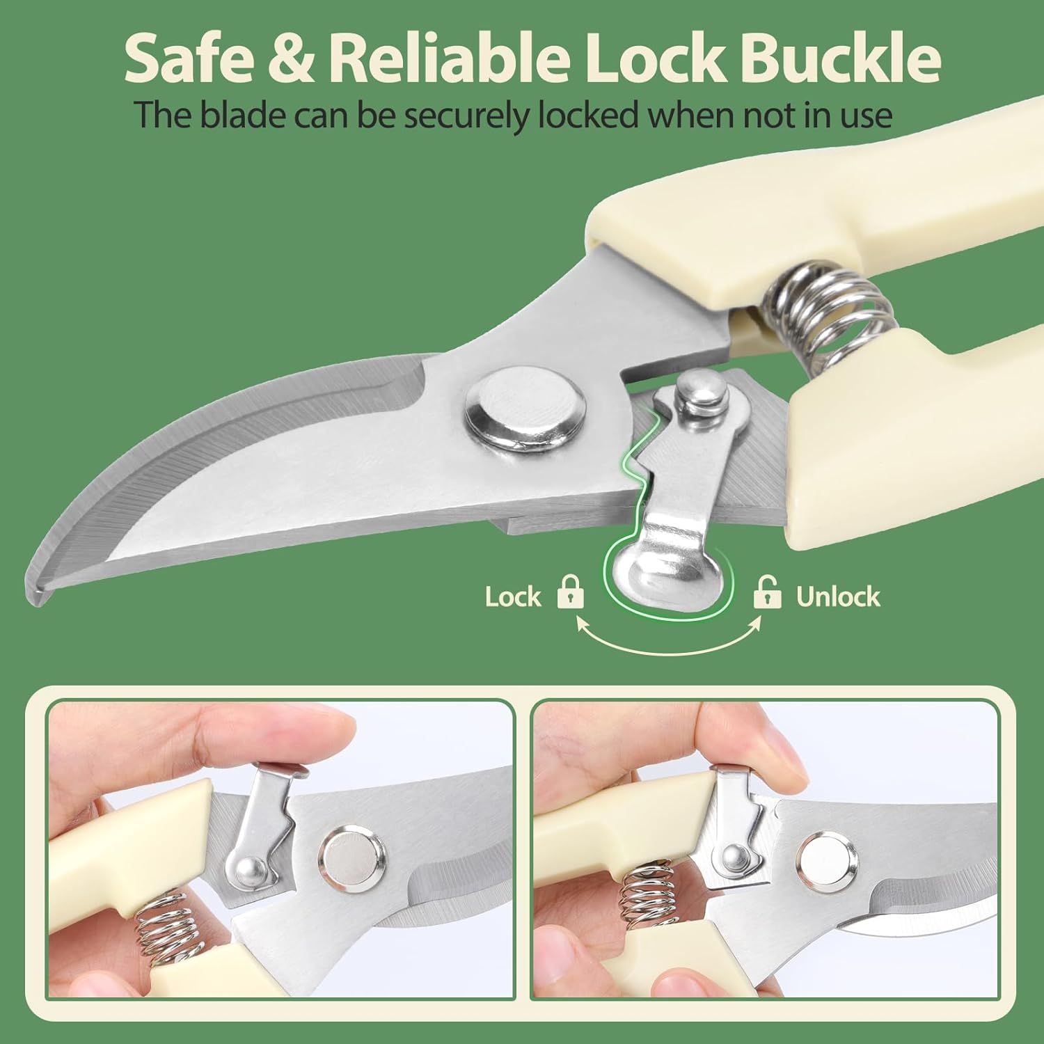 Demonstrates the product's safety lock mechanism that securely locks the blade when not in use, reassuring shoppers about safe storage and handling. Provides step-by-step visual instructions showing…