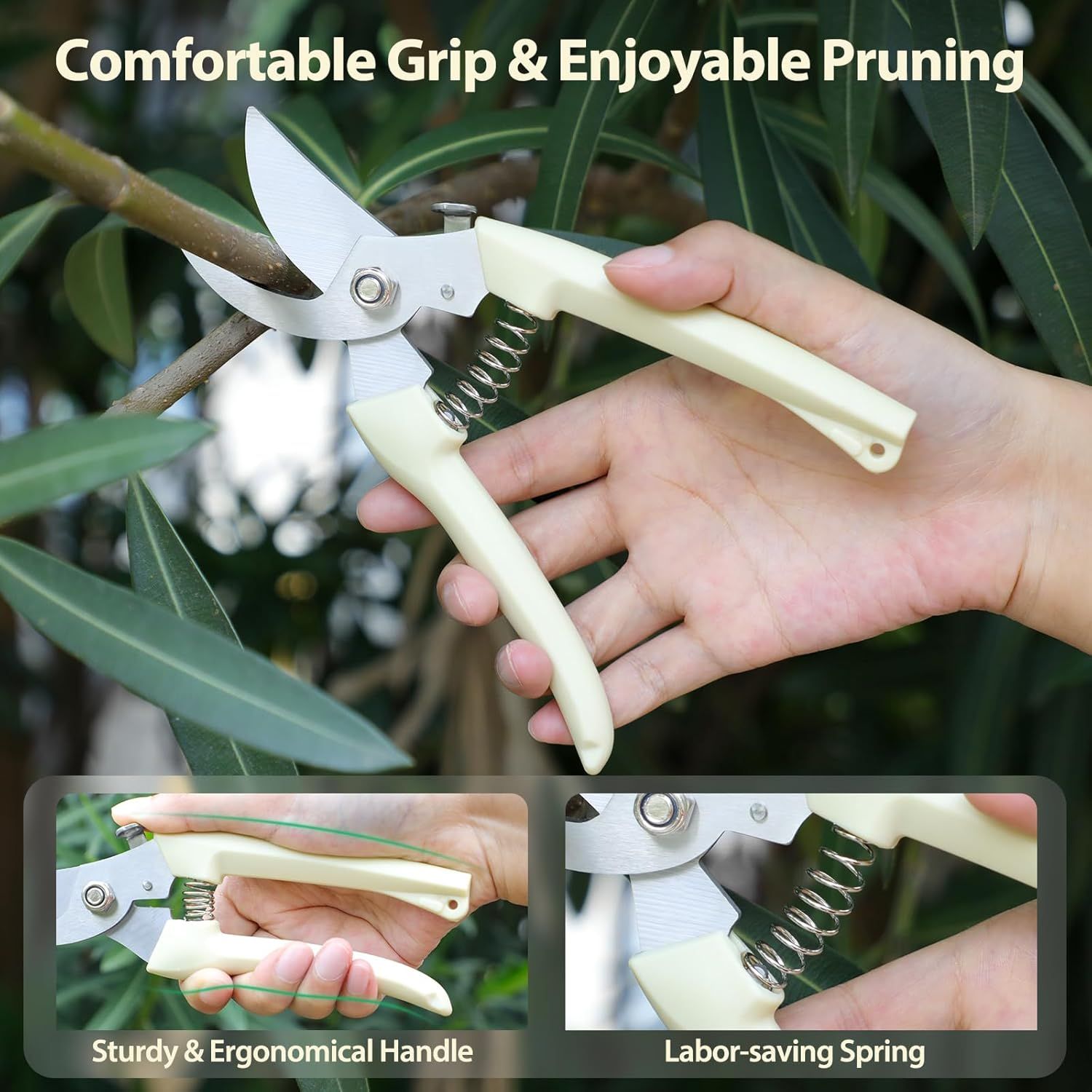 Highlights multiple distinct benefits of the pruning shears including comfortable grip for enjoyable use, sturdy ergonomic handle design, and a labor-saving spring mechanism to reassure shoppers of…