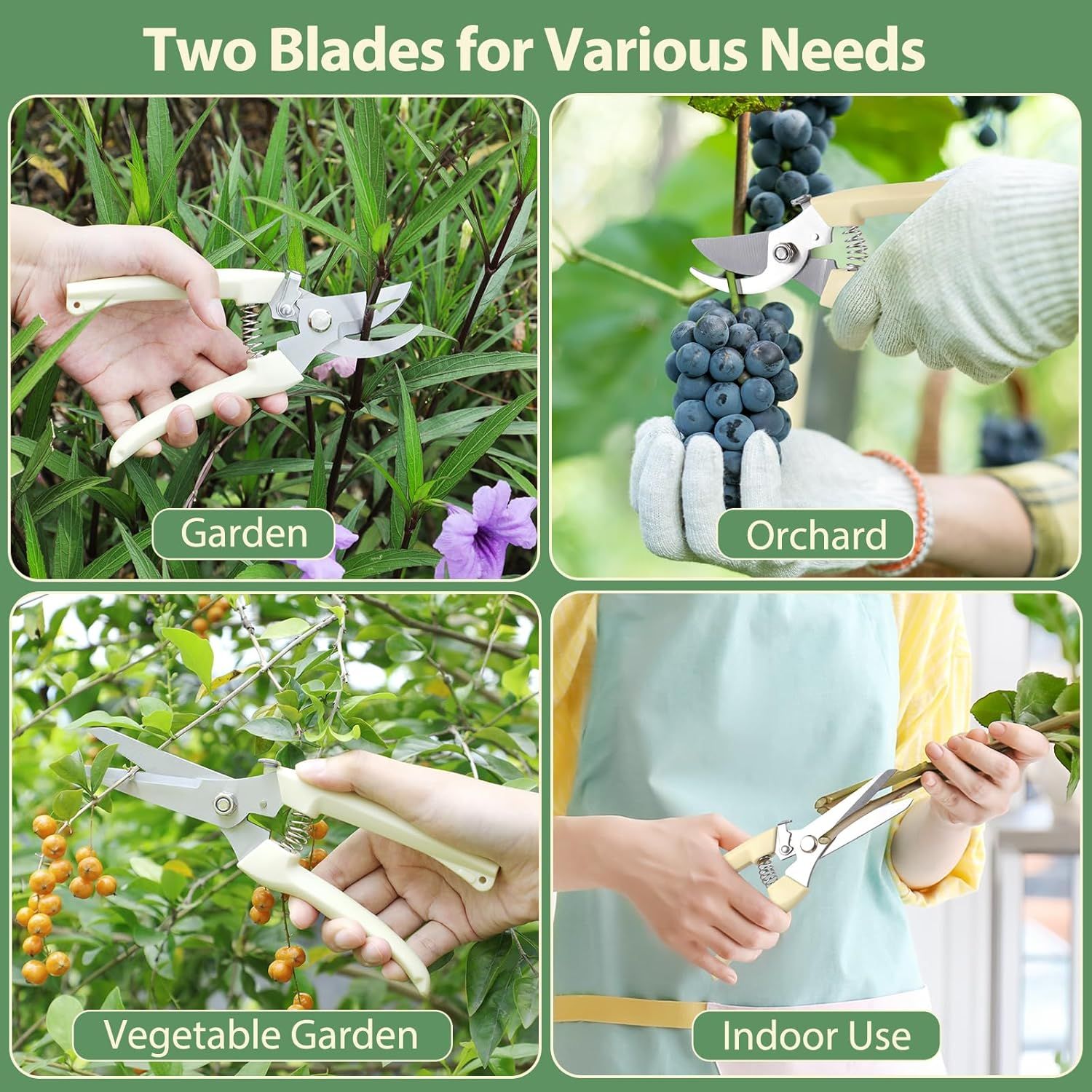 Demonstrates the versatility of the pruning shears by showing four distinct use scenarios where the product can be effectively applied, reassuring shoppers that one tool serves multiple gardening…