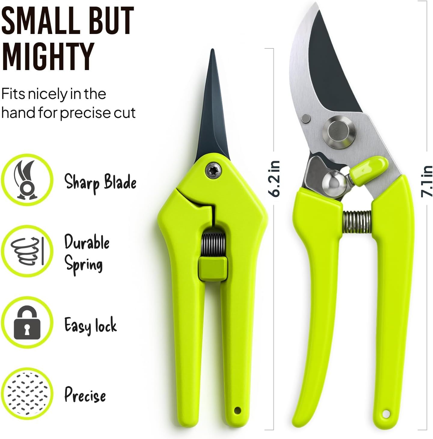 Communicates multiple distinct benefits of the pruning shears through a segmented layout with icons and callouts, showing shoppers why this tool is effective and reliable. Shows the physical…