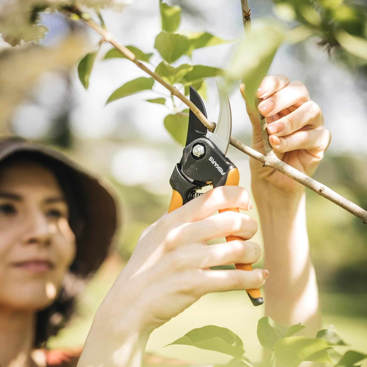 Demonstrates the product in a real-world gardening context to help shoppers visualize themselves using the pruning shears outdoors for tree and plant maintenance.