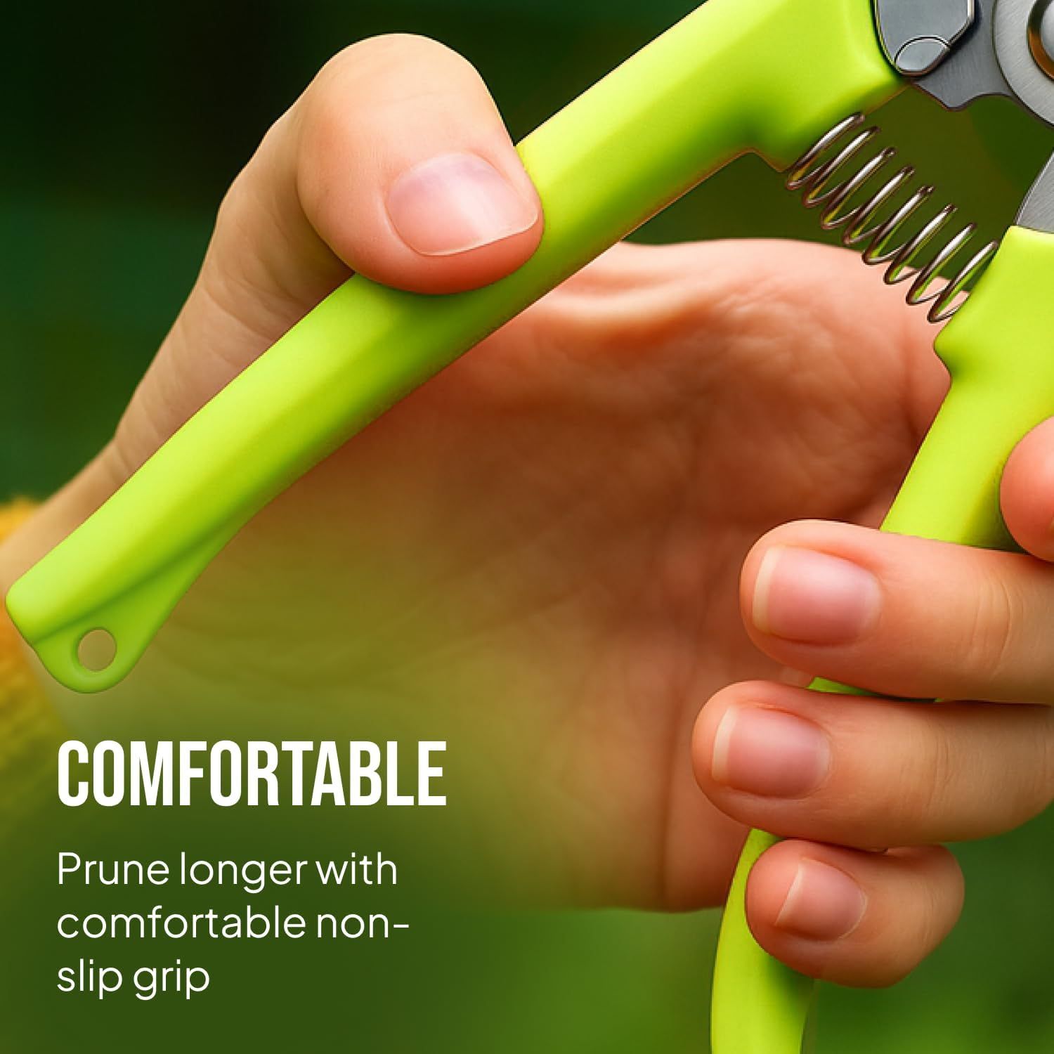 Highlights the ergonomic, non-slip grip design to reassure shoppers that the pruning tool is comfortable to hold and use for extended periods.