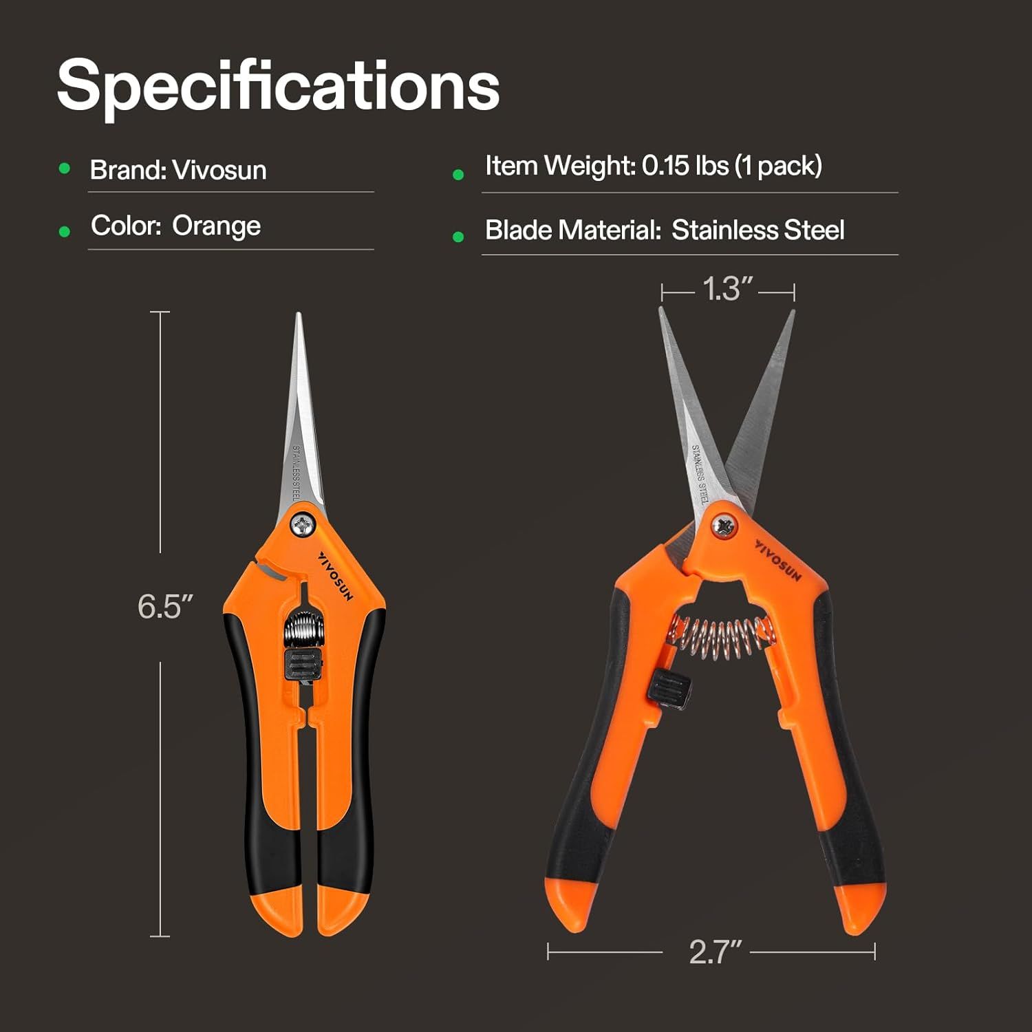 Communicates the exact physical measurements of the product (6.5 inches length, 2.7 inches width, 1.3 inches blade width) to help shoppers understand the size and scale of the scissors.