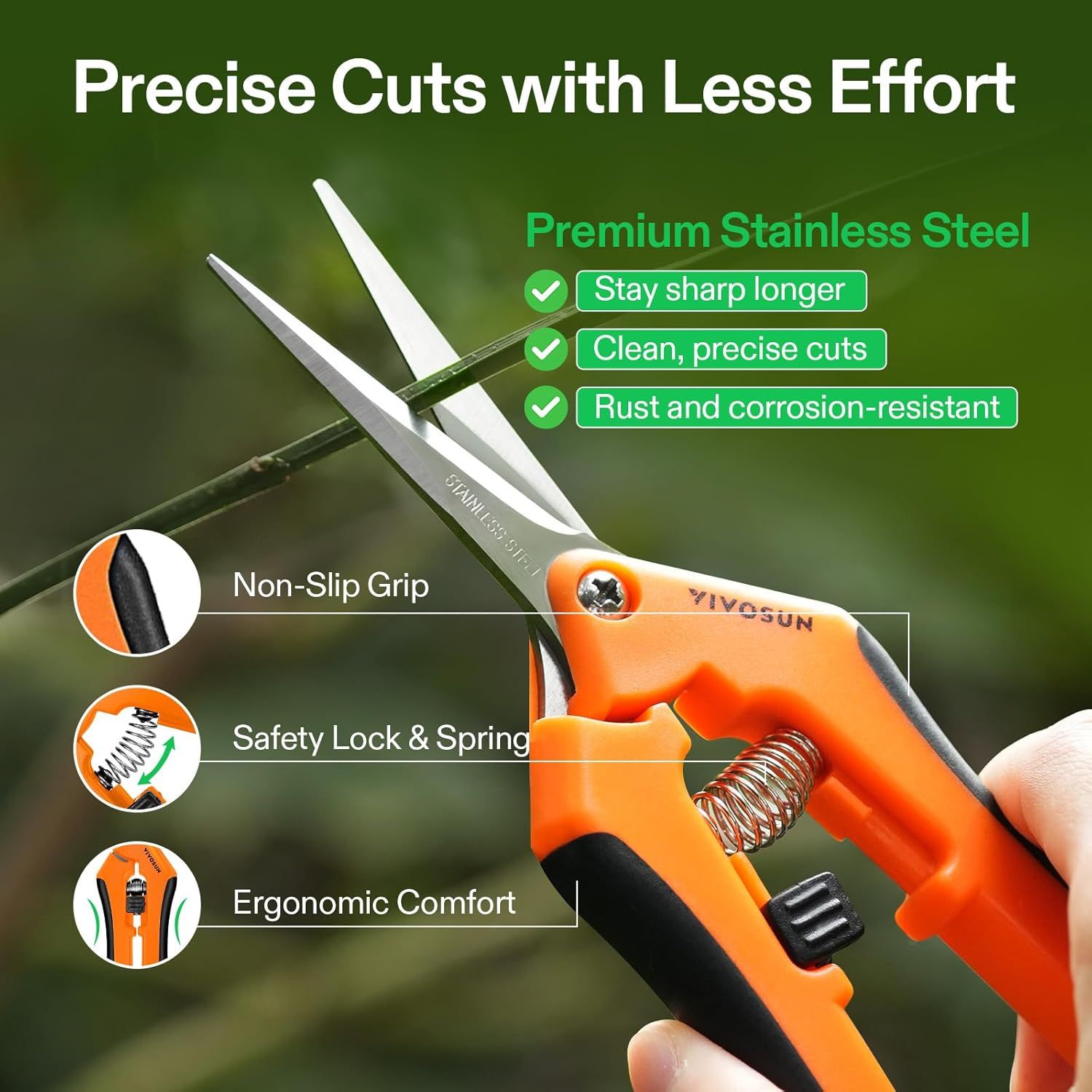 Communicates multiple distinct benefits of the scissors including material quality, grip safety, locking mechanism, and ergonomic design to demonstrate comprehensive product value.