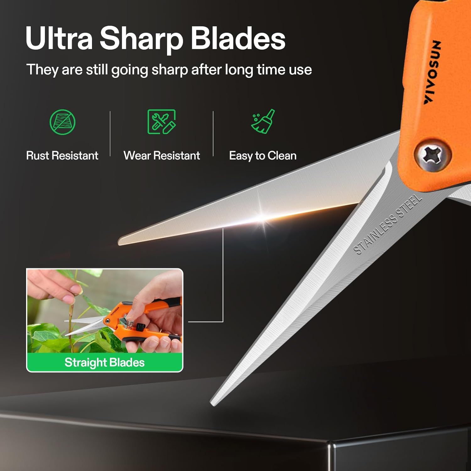 Communicates multiple key benefits of the scissors' blade quality and durability, reassuring shoppers that the product maintains sharpness over time and offers rust resistance, wear resistance, and…