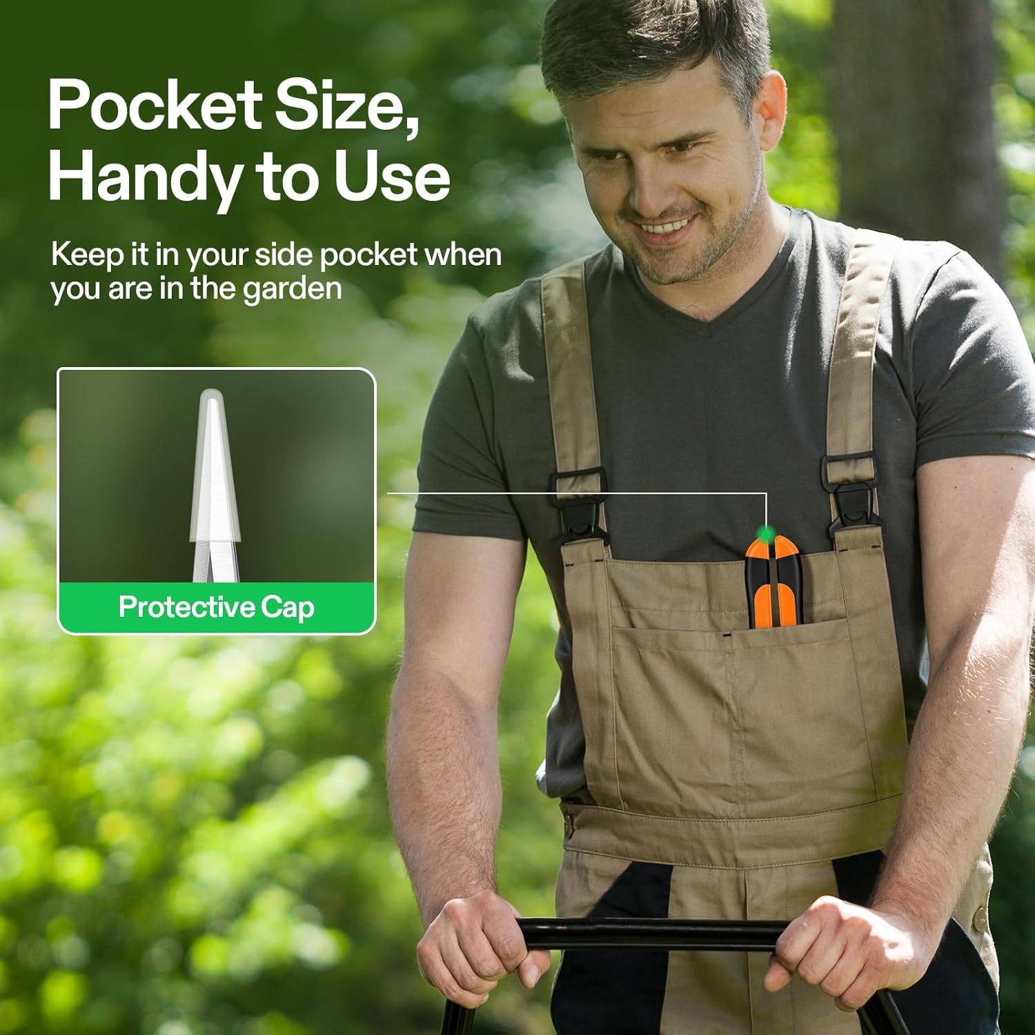 Communicates that the product is compact and portable enough to fit in a pocket for convenient use while gardening, with a protective cap for safety.