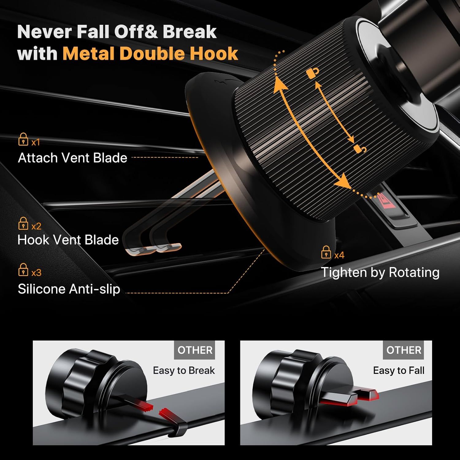 Breaks down the physical components and assembly mechanism of the car vent mount to demonstrate its secure, durable construction and how the parts work together to prevent falling or breaking.…