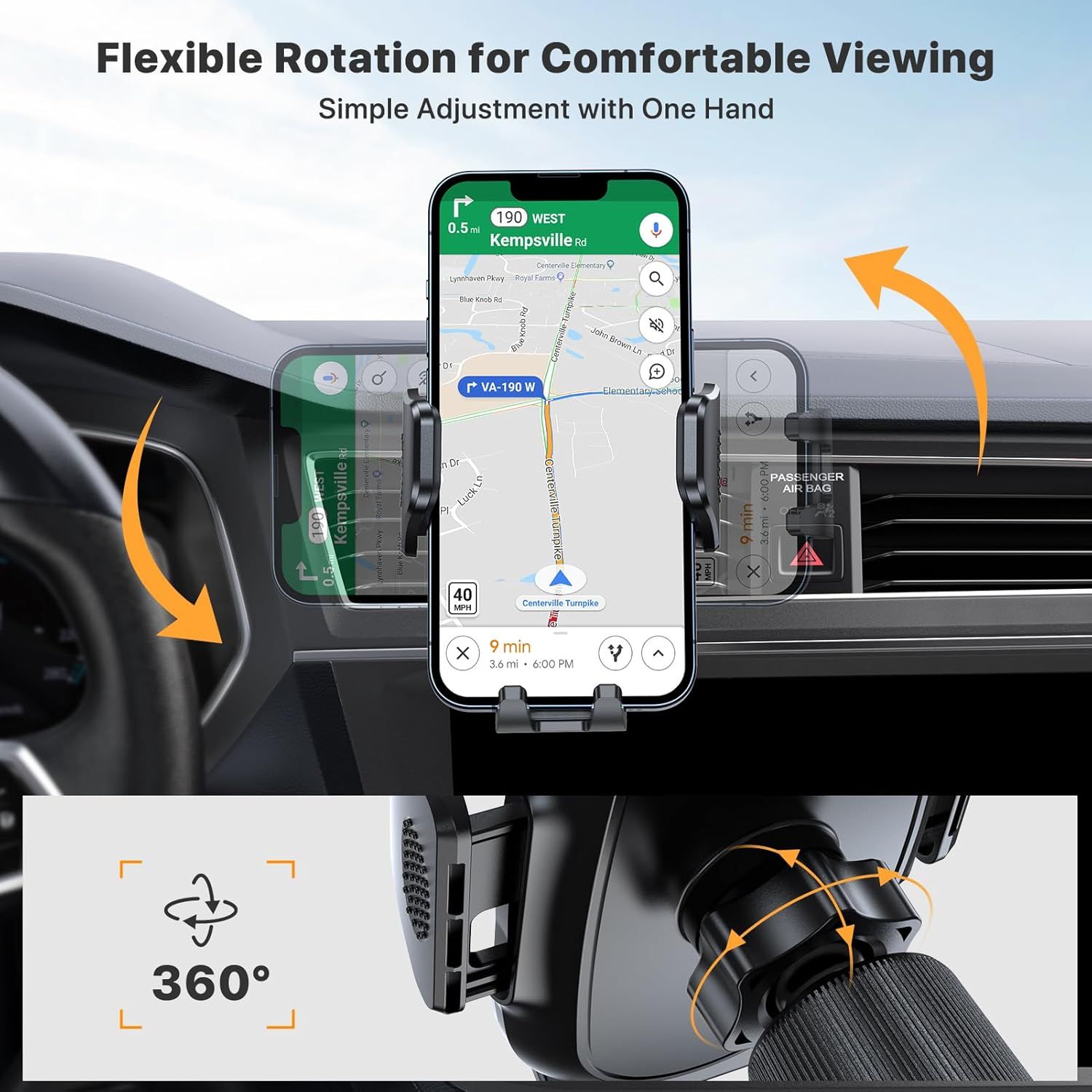 Demonstrates the phone mount's flexible rotation and 360-degree adjustability, reassuring shoppers that they can easily position their device for comfortable viewing while driving.