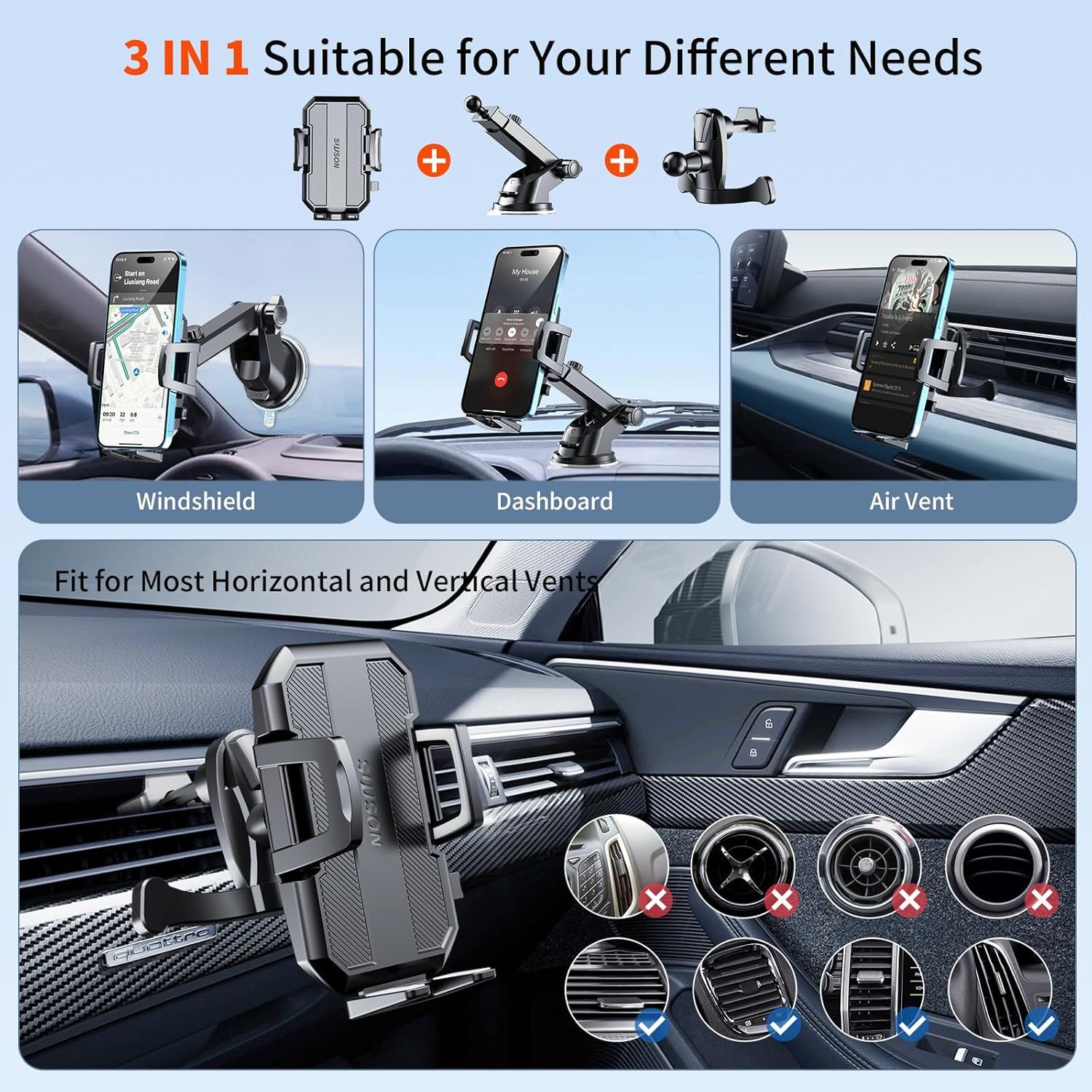 Demonstrates the multiple mounting locations and configurations available for this car phone holder, showing shoppers the versatility and compatibility across different vehicle setups.