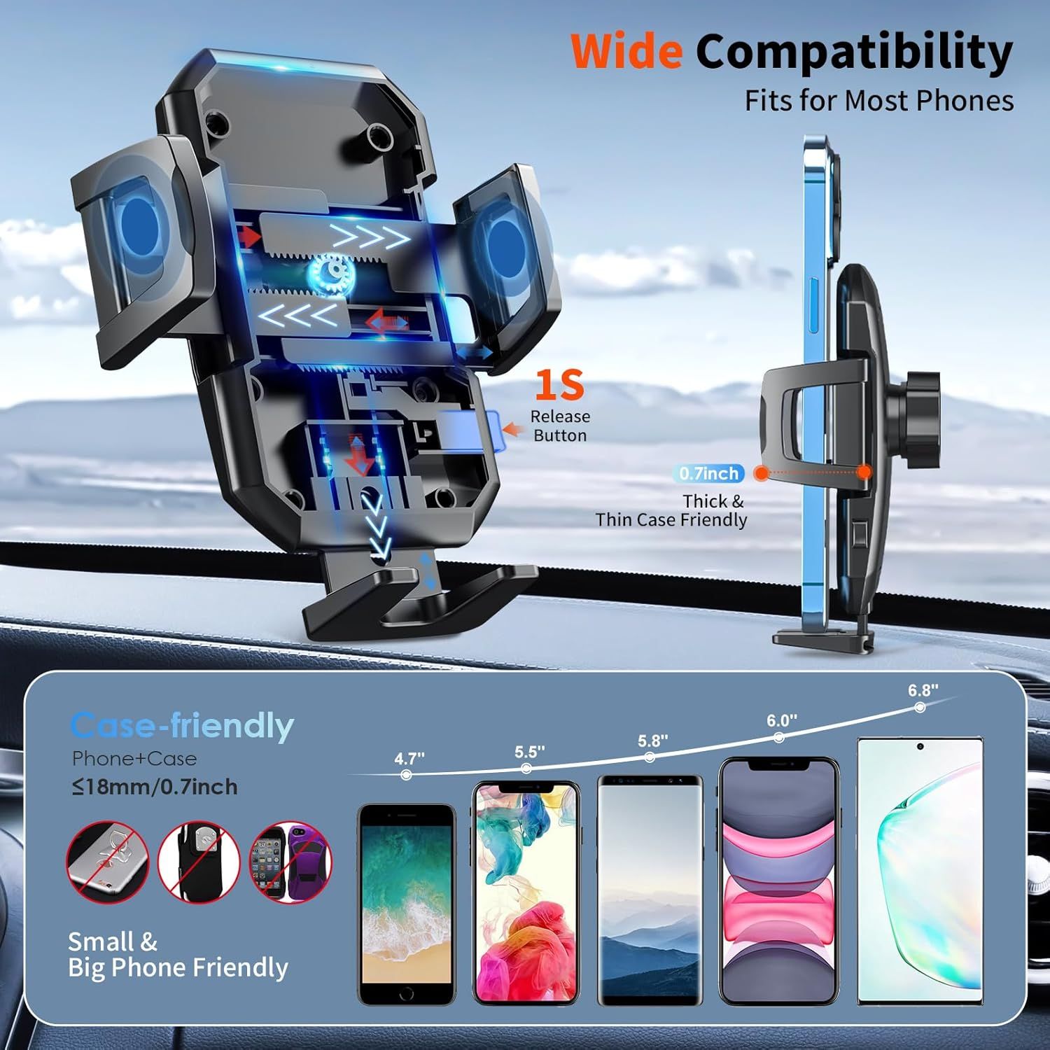 Demonstrates that the phone mount is compatible with a wide range of phone models and sizes (4.7" to 6.8"), and works with phones in cases up to 0.7 inches thick, reassuring shoppers of its…