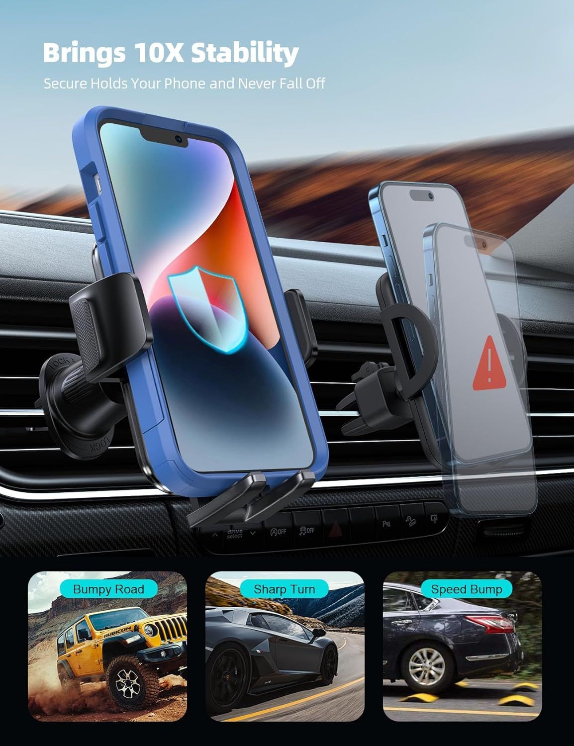 Communicates the quantifiable stability performance of the car phone mount, emphasizing that it provides 10 times more stability to prevent phones from falling during driving. Highlights the primary…