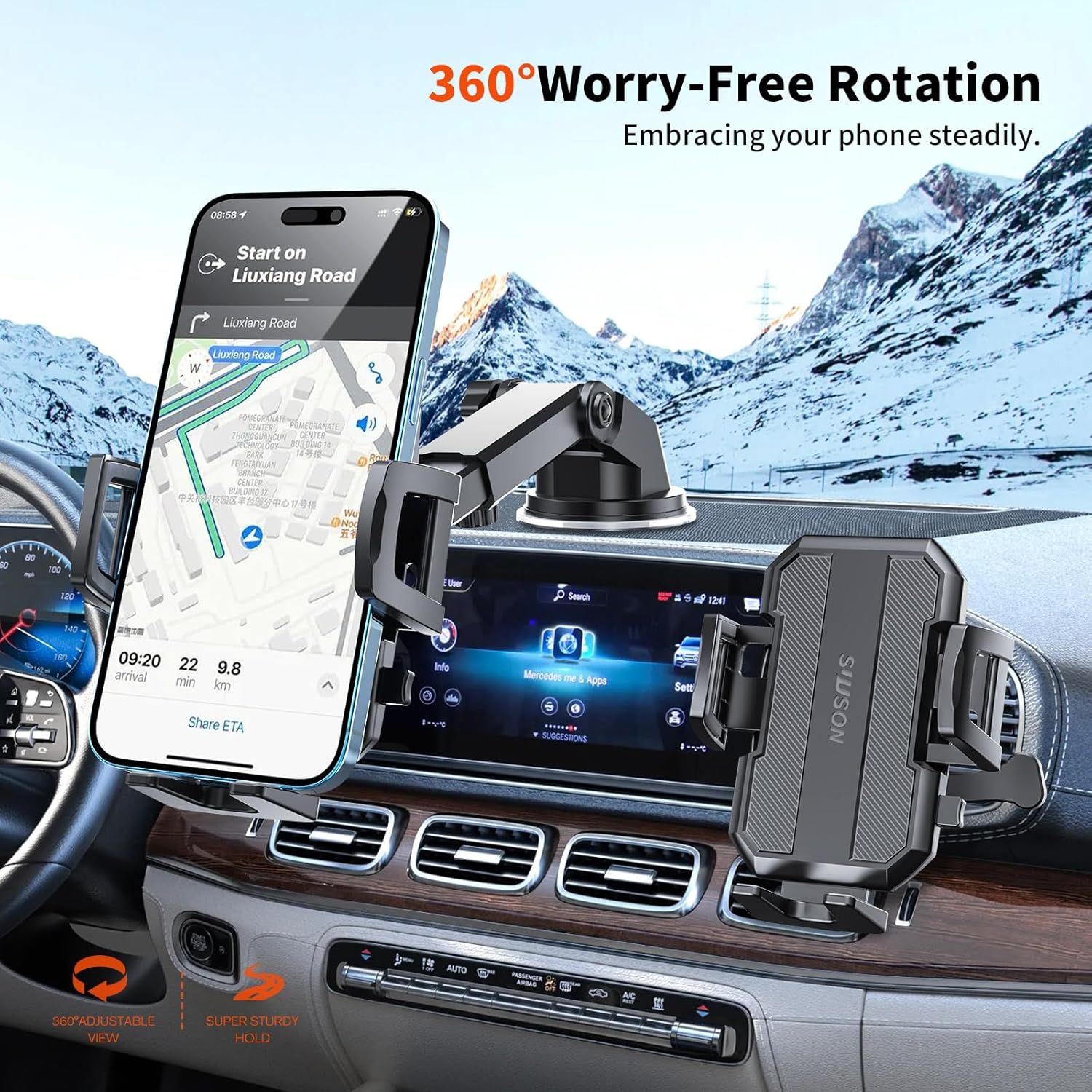 Highlights the phone mount's 360-degree rotation capability, reassuring shoppers that they can adjust their phone to any viewing angle for safe and convenient navigation while driving.