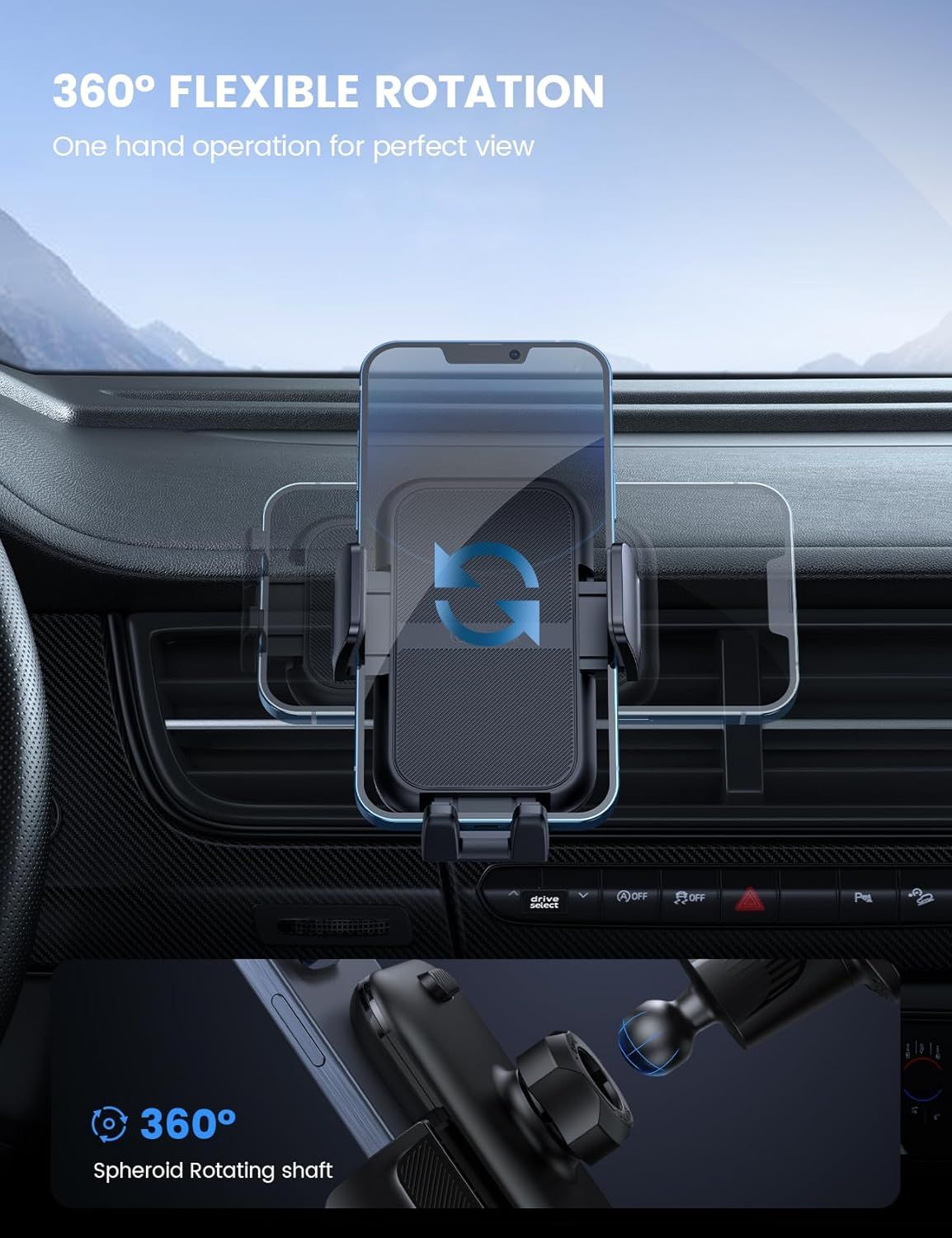 Highlights the car phone mount's 360-degree rotation capability and ease of use, reassuring shoppers that they can adjust their phone to any viewing angle with simple one-handed operation.