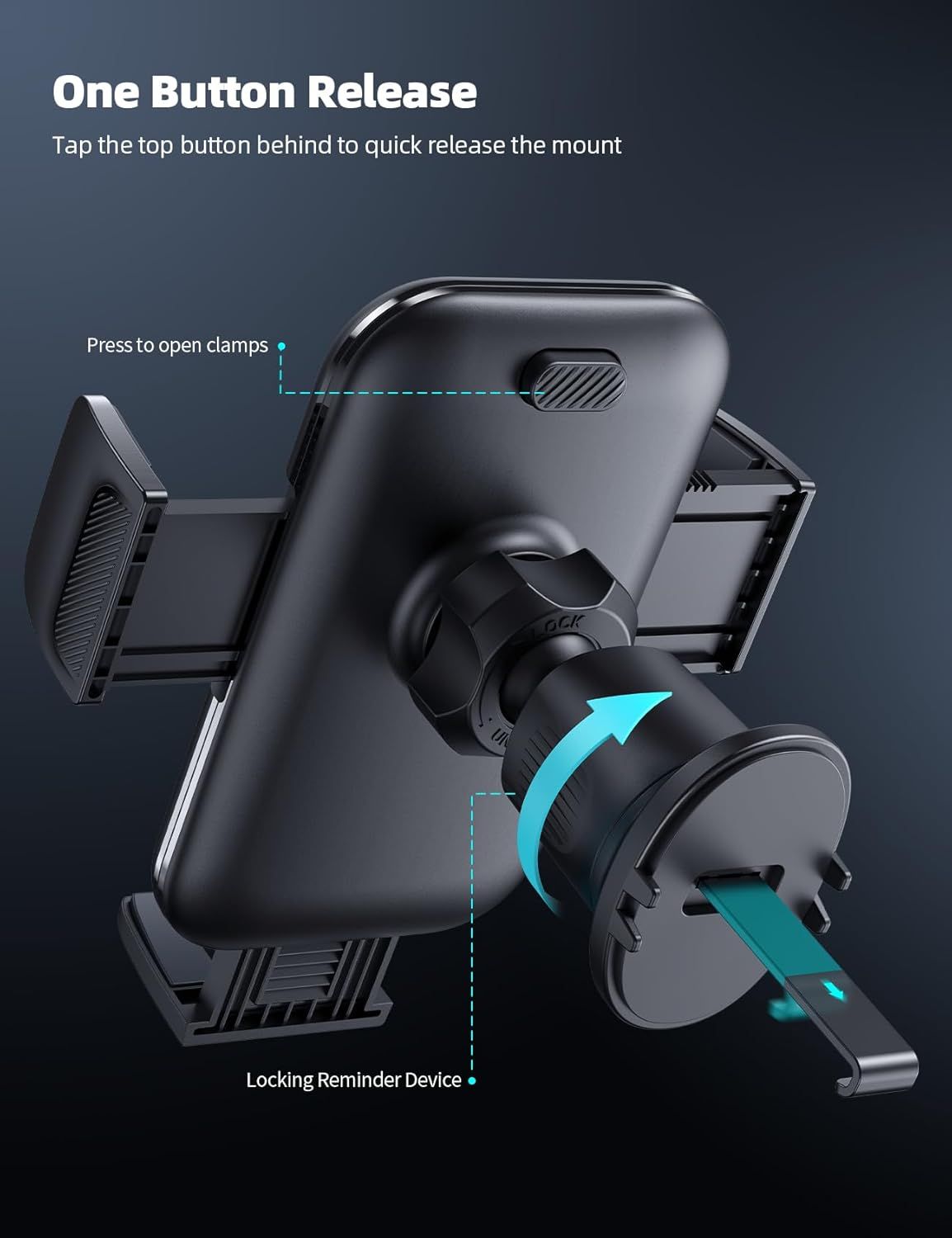 Breaks down the physical components and mechanism of the phone mount to show shoppers how the quick-release button and locking system work, reassuring them of ease of use and secure mounting.