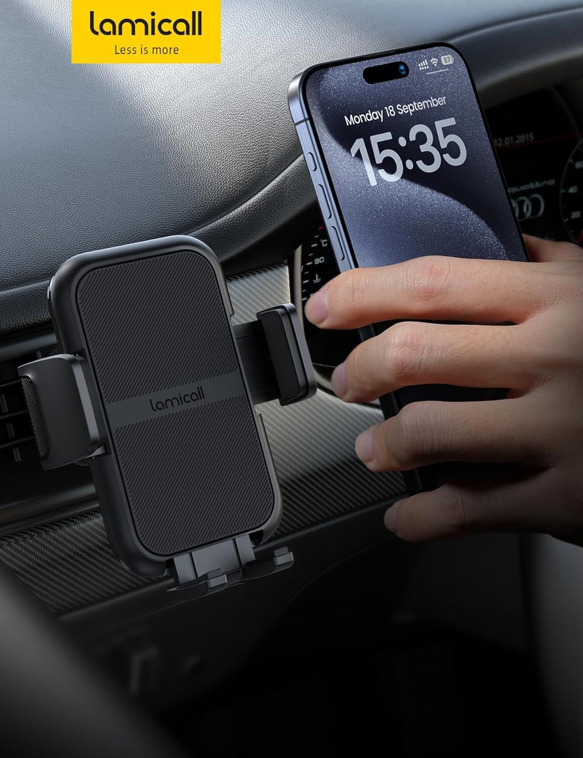 Demonstrates the product in a real-world automotive environment, showing how the phone mount holds a device securely in a car setting to help shoppers visualize practical everyday use.