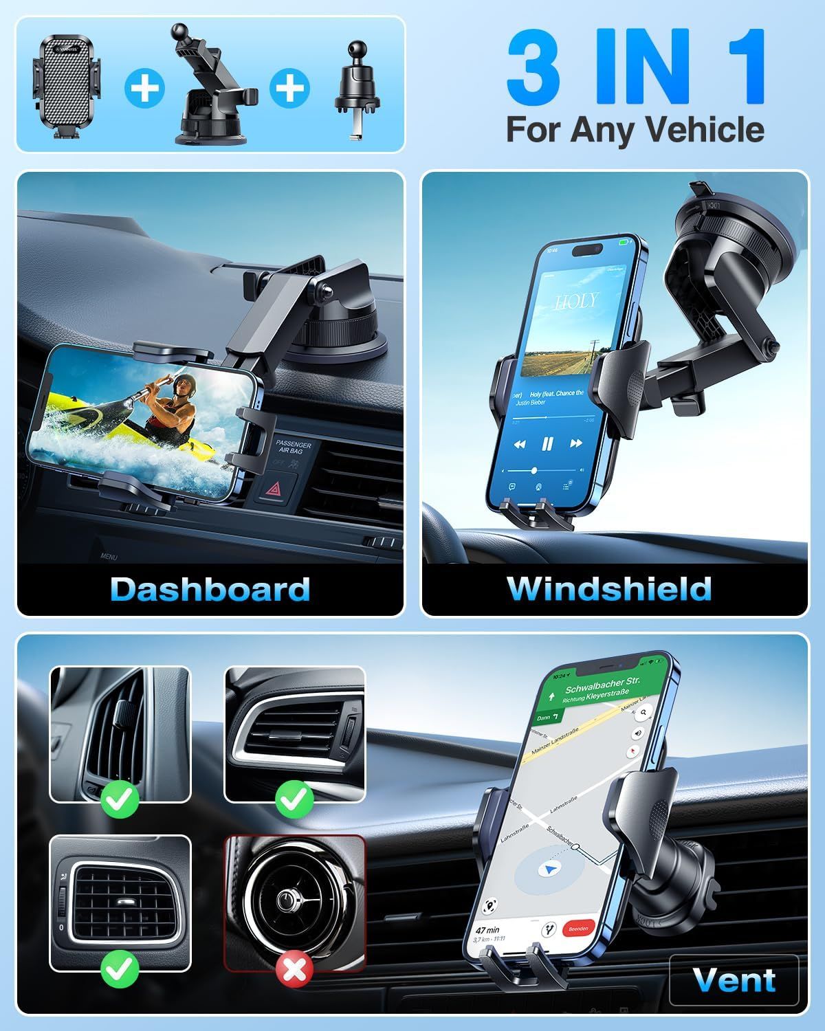 Demonstrates the product's versatility by showing three different mounting locations (dashboard, windshield, and vent) where the phone holder can be installed in any vehicle.