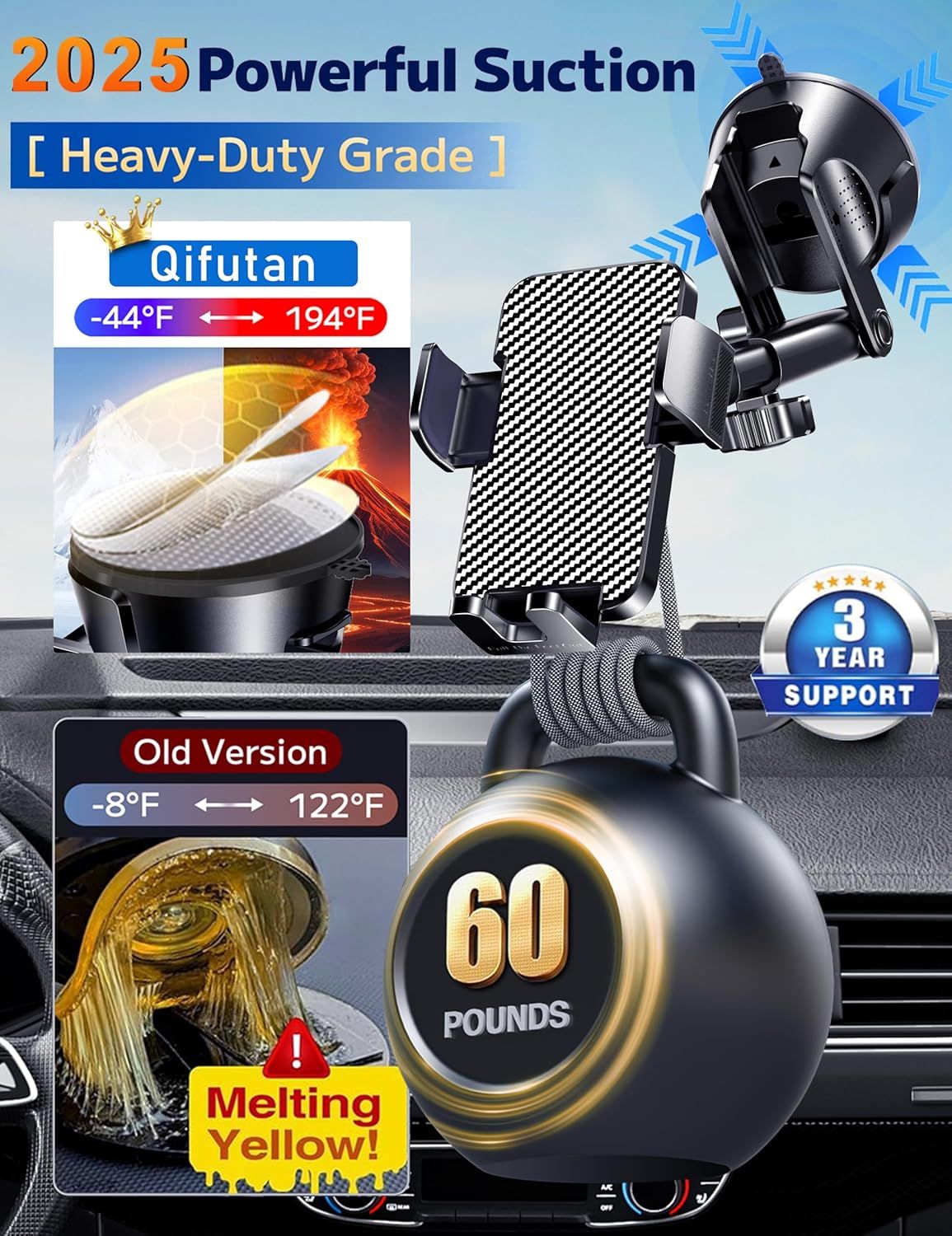 Demonstrates the superiority of the 2025 version over the old version by showing improved temperature resistance (-44°F to 194°F vs -8°F to 122°F) and highlighting the powerful 60-pound suction…