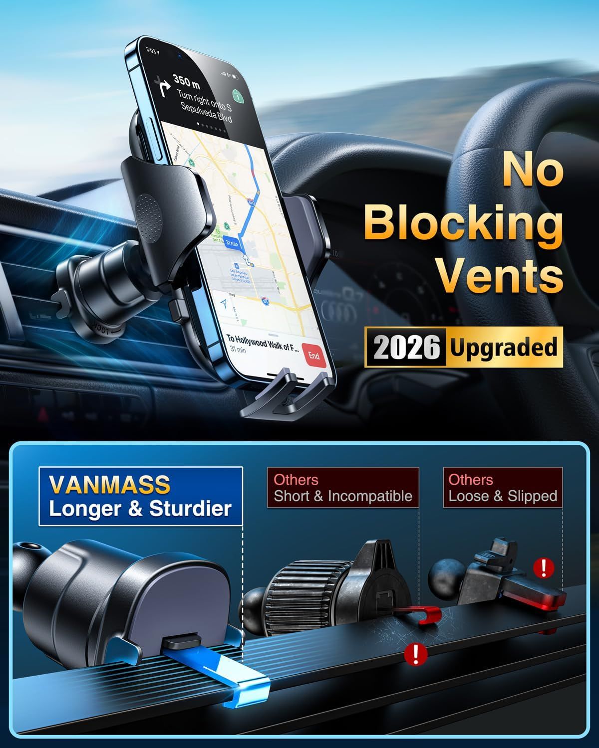 Demonstrates the superiority of the VANMASS phone mount over competing products by showing it is longer, sturdier, and doesn't block air vents, while competitors are short, incompatible, loose, or…
