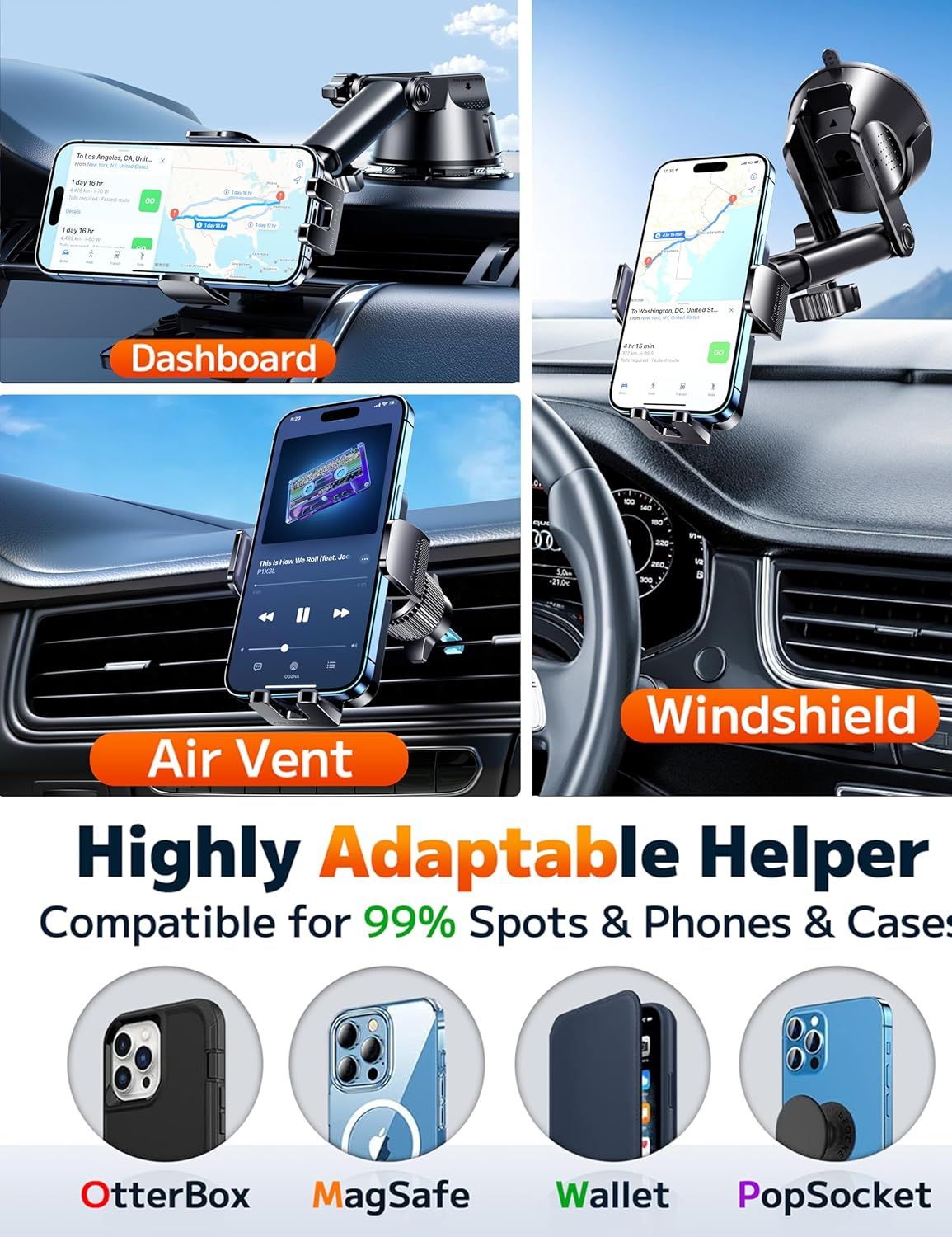 Demonstrates the product's versatility by showing three different mounting locations (dashboard, air vent, windshield) and compatibility with various phone cases and accessories, reassuring shoppers…