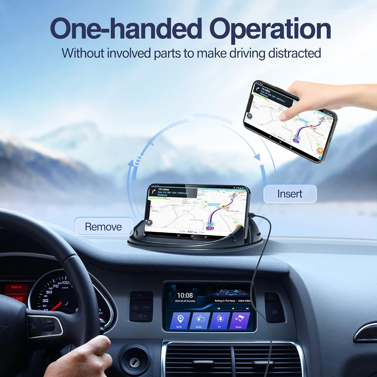 Demonstrates how to easily insert and remove the phone holder with one hand while driving, emphasizing safety and convenience by avoiding distraction. Highlights the key benefit of one-handed…