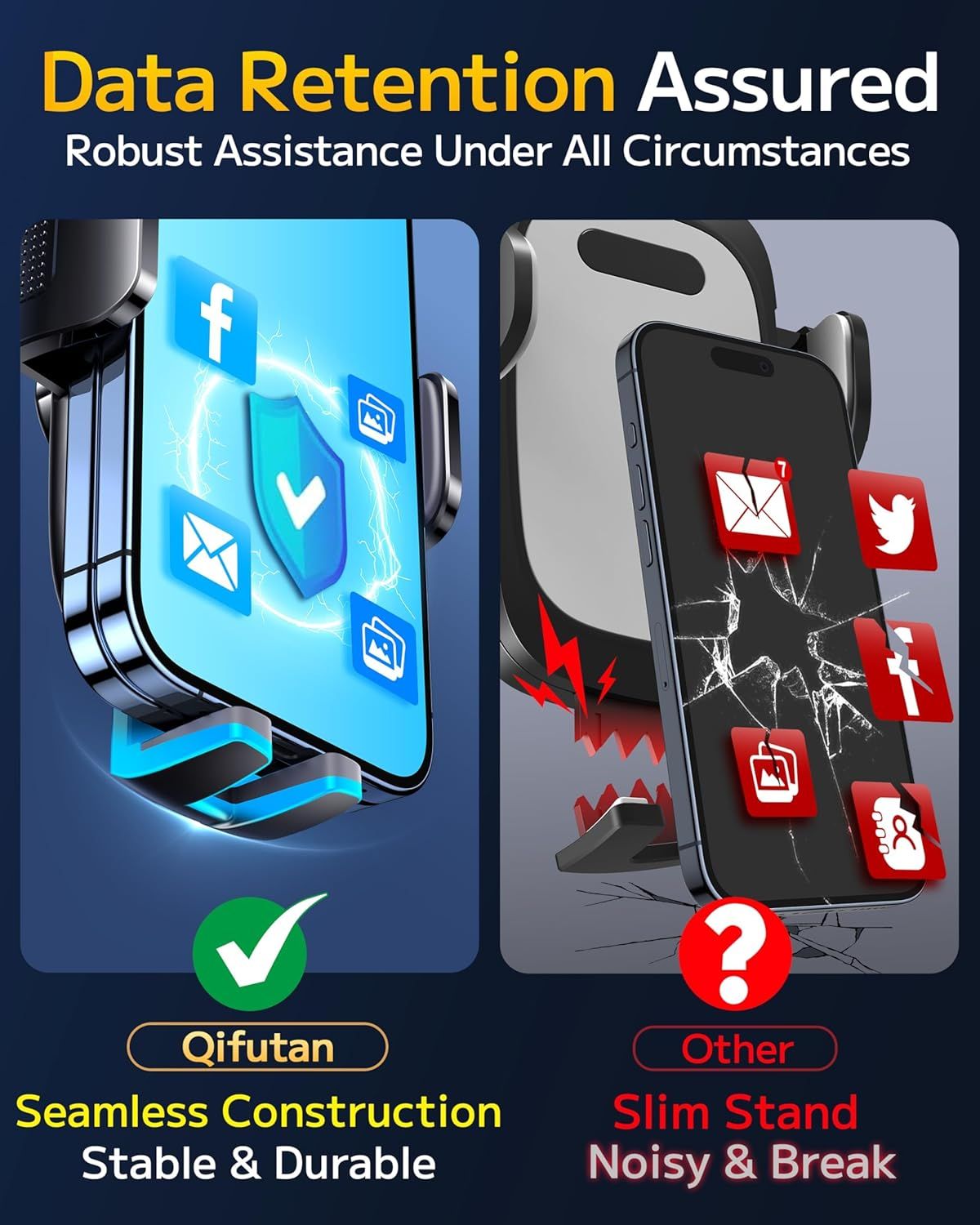 Demonstrates the superiority of the Qifutan product over generic competitors by showing how its seamless construction protects data and prevents breakage, while competing slim stands are noisy and…