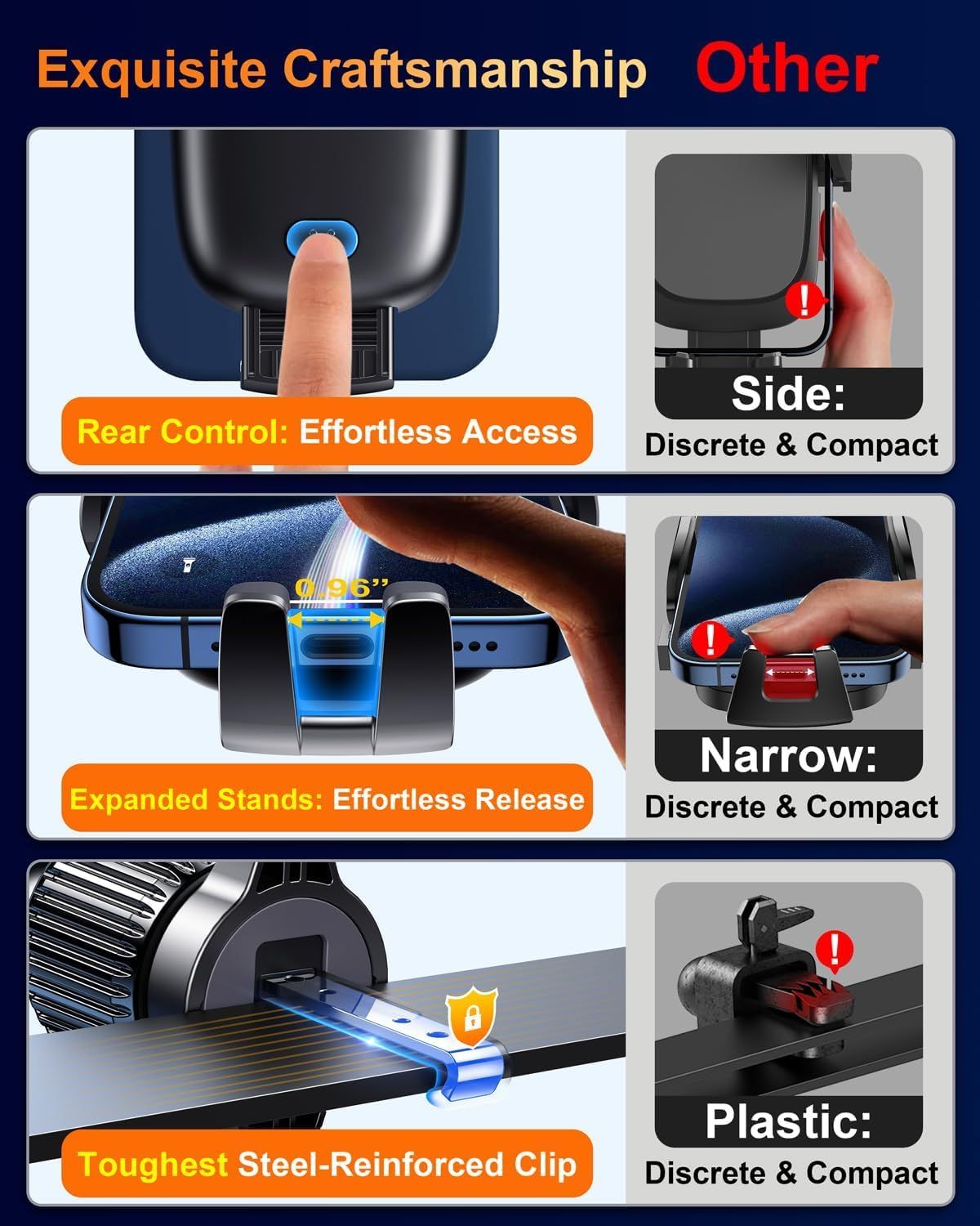 This image compares the brand's product craftsmanship and design features against competing products, highlighting superior access points, release mechanisms, and durability to demonstrate why this…