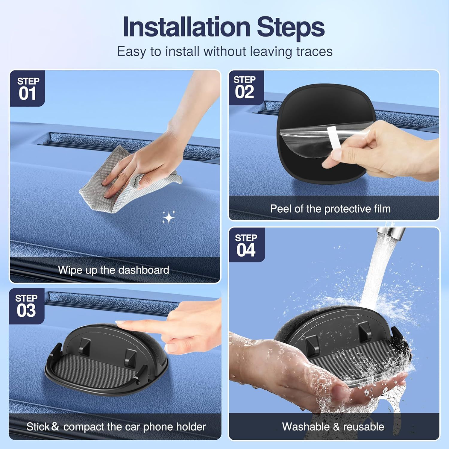 Demonstrates the step-by-step installation process for a car phone holder, reassuring shoppers that it's easy to install without damaging the dashboard and that the product is washable and reusable.
