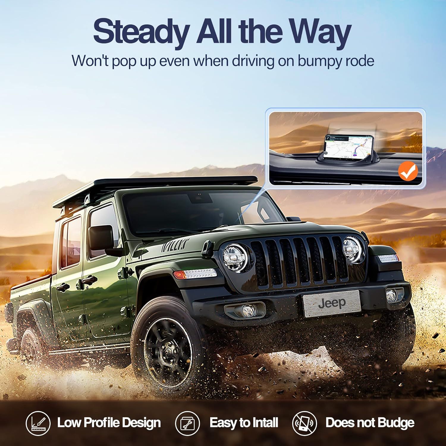 Communicates multiple benefits of the phone holder including its stability on bumpy roads, low-profile design, ease of installation, and secure grip to reassure shoppers of its reliability and…