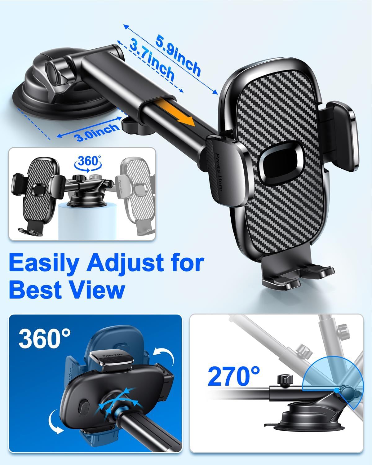 Communicates the physical dimensions and adjustability of the phone mount to help shoppers understand its size and flexibility for optimal viewing angles. Highlights multiple adjustment features and…