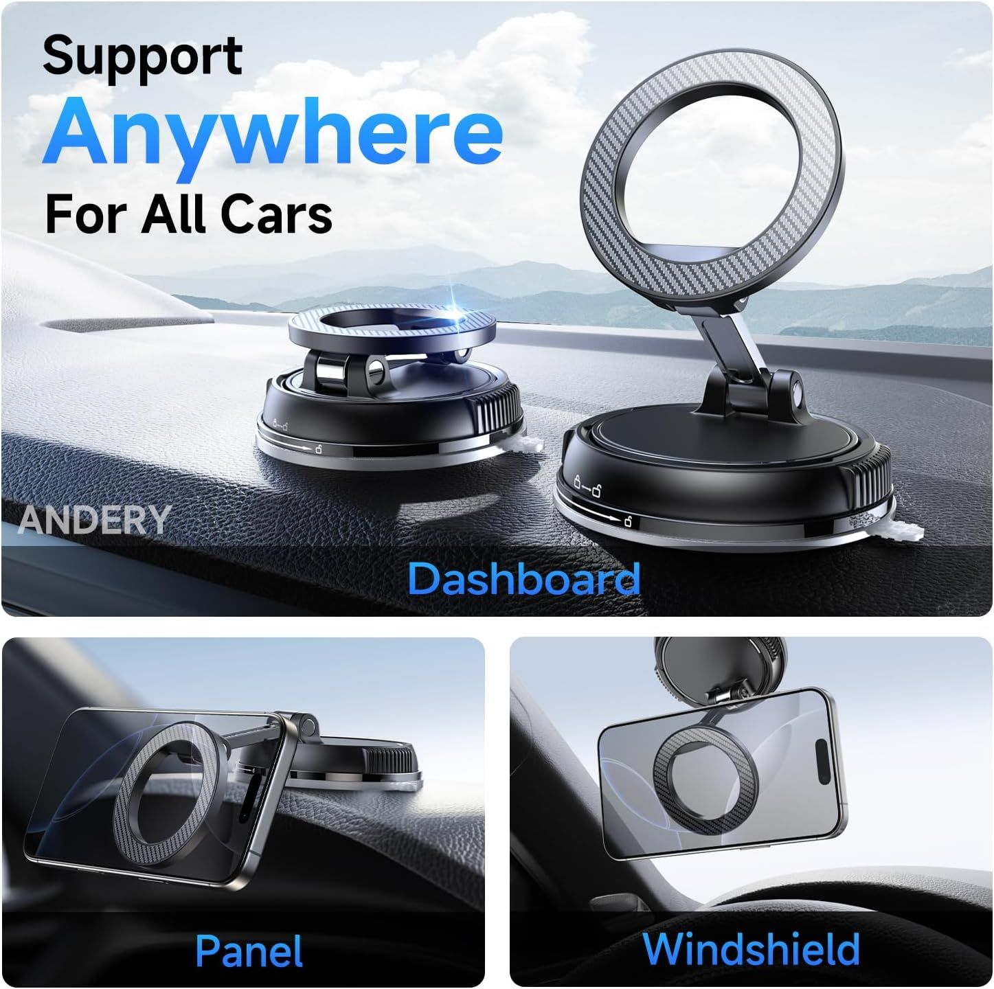 Demonstrates the product's versatility by showing three different mounting locations in a vehicle (dashboard, panel, and windshield), reassuring shoppers that the phone mount works in multiple…