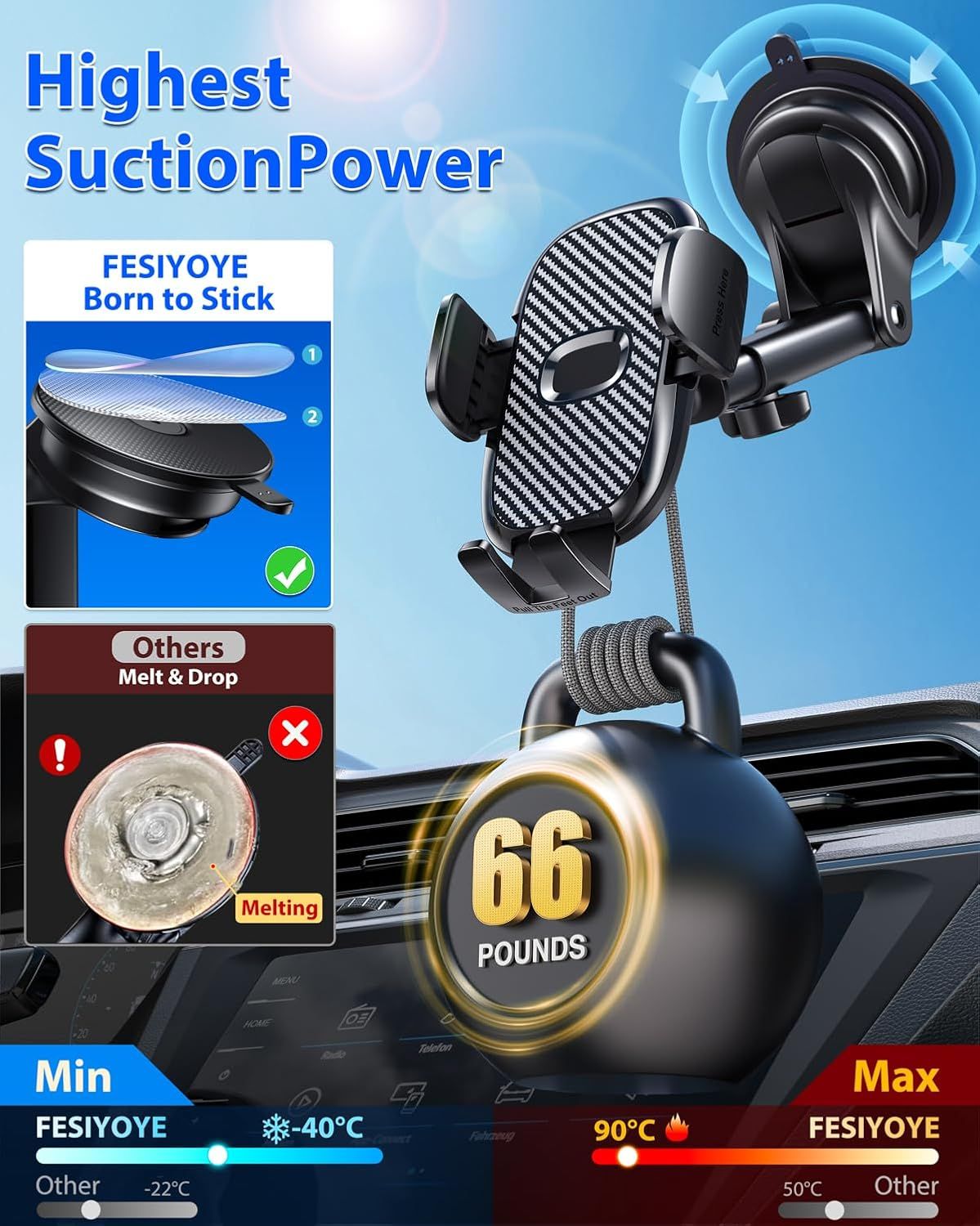 Demonstrates that the FESIYOYE phone mount has superior suction power (66 pounds) and temperature resistance (-40°C to 90°C) compared to competitors whose adhesive melts and fails, reassuring…