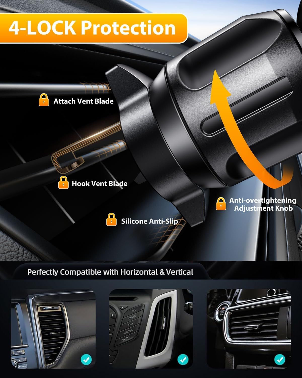 This image breaks down the physical security features of a car vent mount, showing shoppers exactly how the 4-lock protection system works to keep their device secure. Demonstrates that the product…