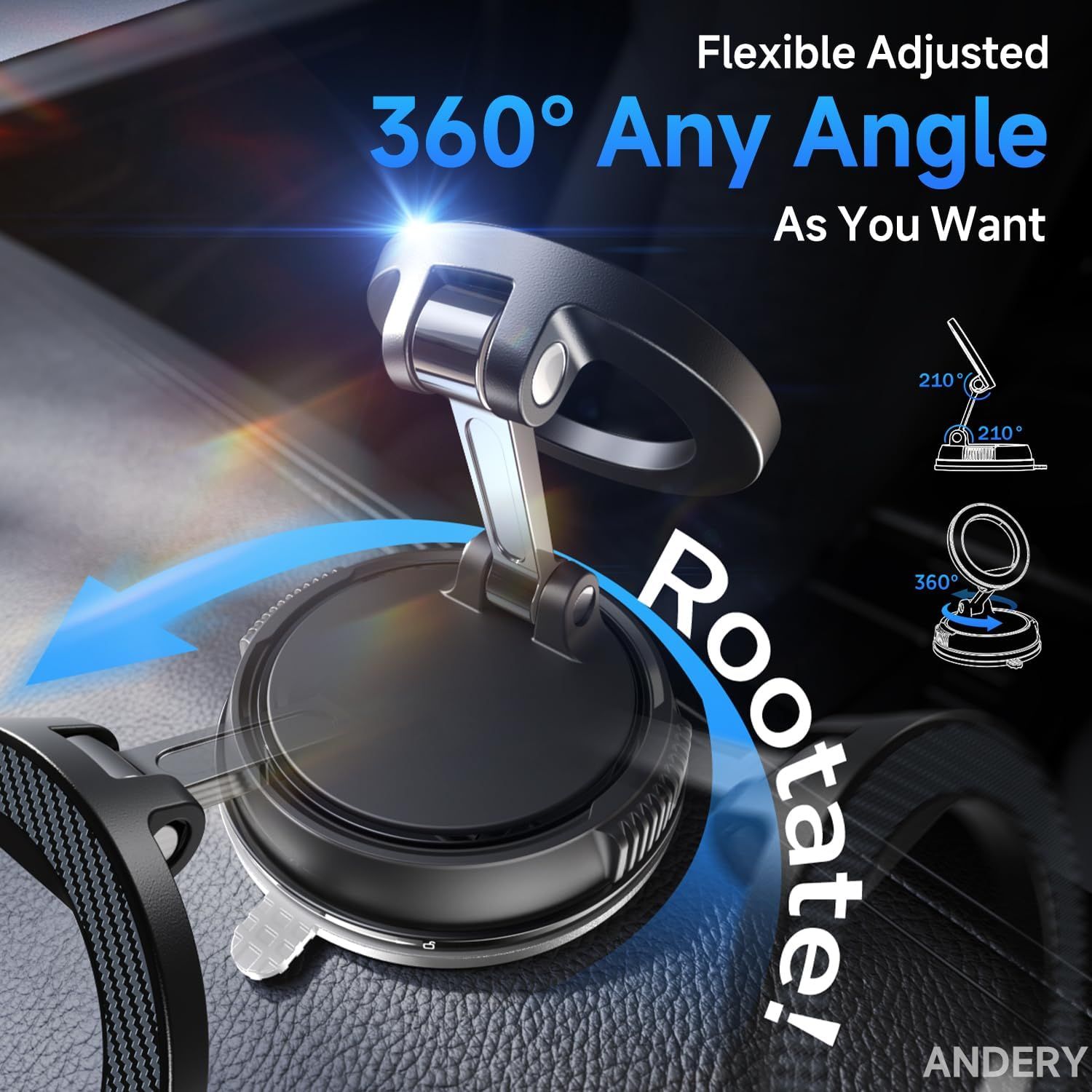 Highlights the product's 360-degree rotation and flexible angle adjustment capability, reassuring shoppers that the phone mount can be positioned exactly as needed for optimal viewing.