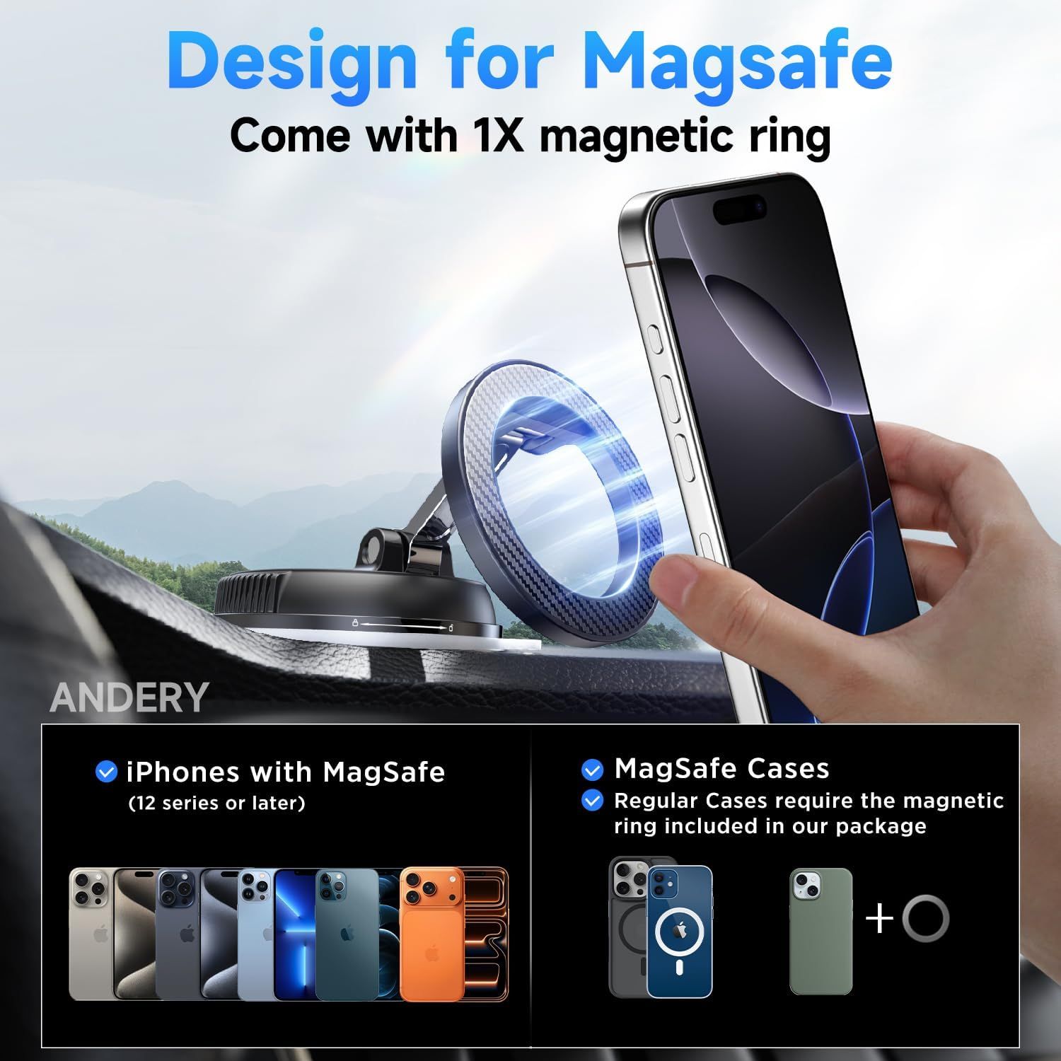 Communicates that the product is designed for MagSafe technology and shows compatibility with iPhone 12 series or later, as well as MagSafe cases and regular cases with the included magnetic ring.…