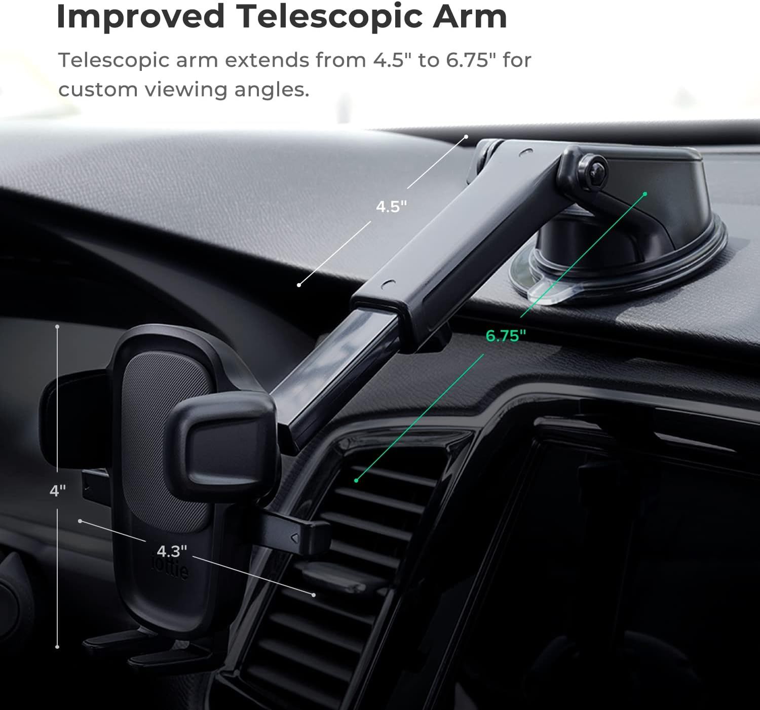 Communicates the physical dimensions and adjustability of the telescopic arm, showing it extends from 4.5 inches to 6.75 inches to allow custom viewing angles for the mounted device.