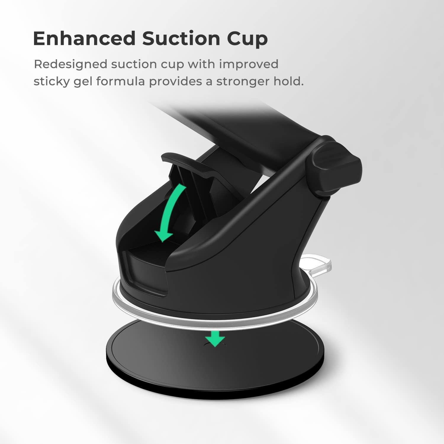 Highlights the redesigned suction cup component with improved sticky gel formula to communicate stronger hold and secure mounting capability. Communicates the key benefit of improved adhesion and…