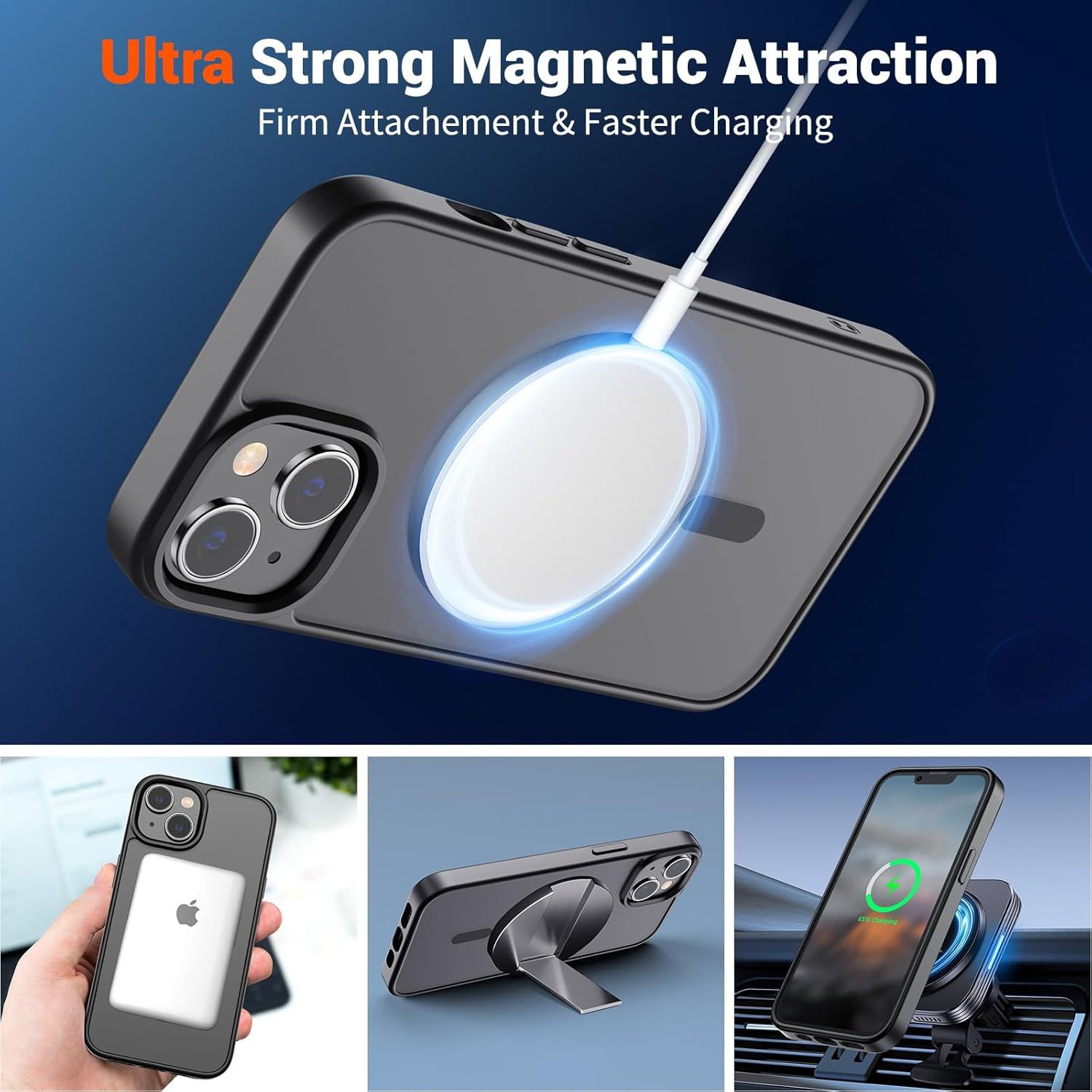 Demonstrates multiple key benefits of the magnetic phone case including ultra-strong magnetic attachment for faster charging, built-in kickstand functionality, and compatibility with car mounts to…