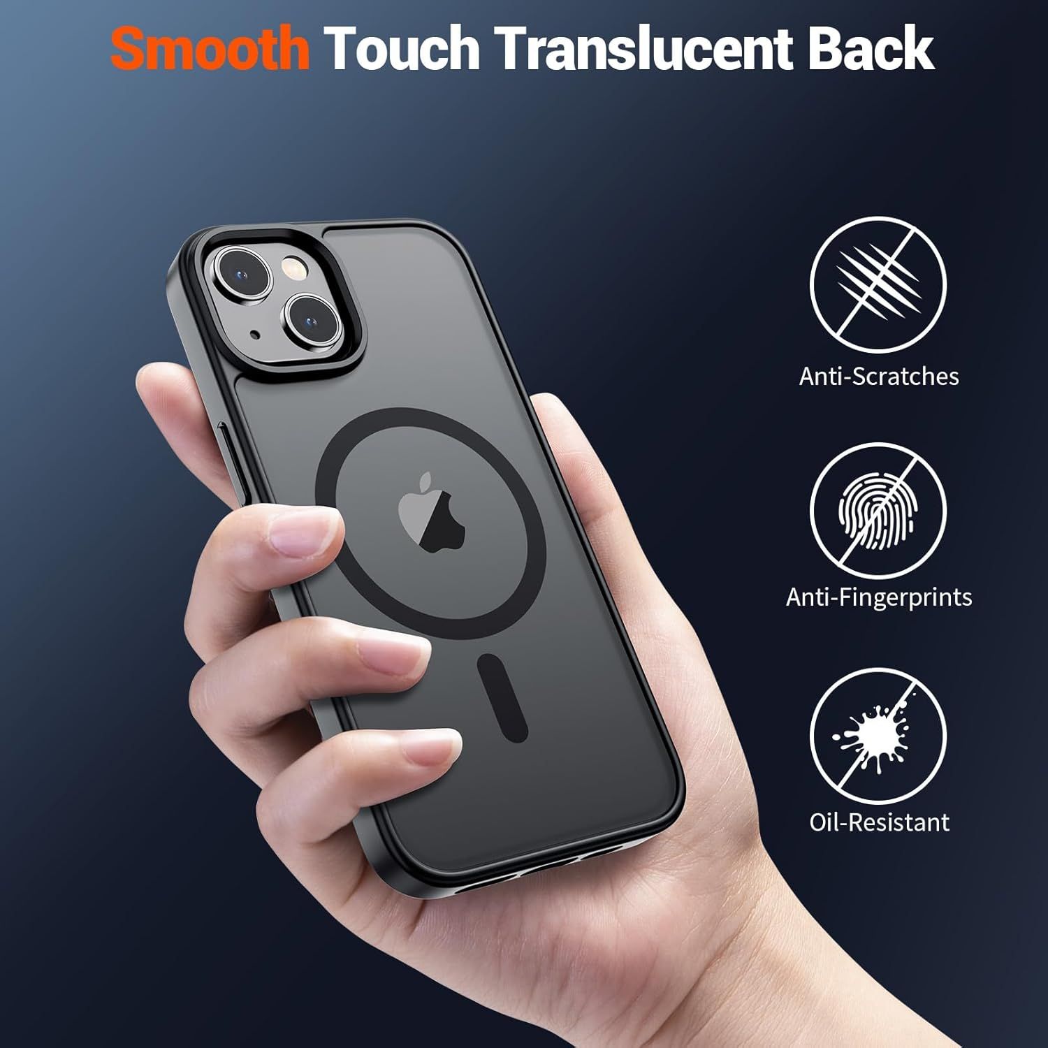 Communicates multiple protective benefits of the phone case's translucent back material, reassuring shoppers that it keeps the phone clean and scratch-free while maintaining visibility of the device.