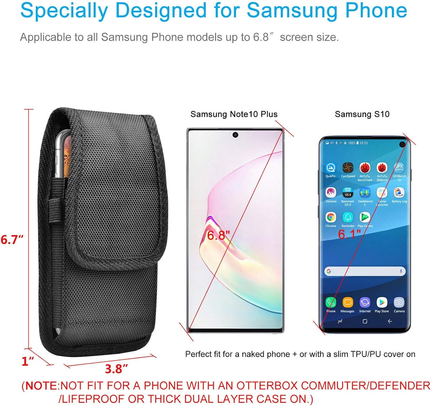 Demonstrates which Samsung phone models the case fits, showing compatibility with devices up to 6.8 inch screen size to help shoppers confirm fit before purchase. Shows the exact physical dimensions…
