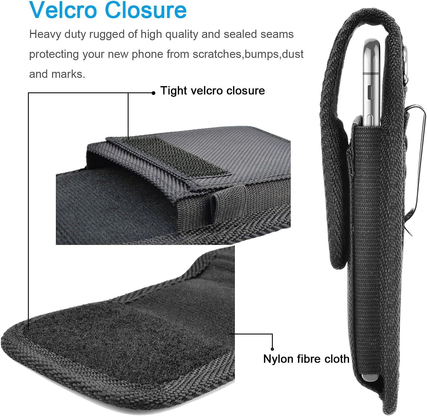 Breaks down the physical construction of the phone case by highlighting key components (velcro closure and nylon material) to demonstrate quality and protective features. Communicates the protective…