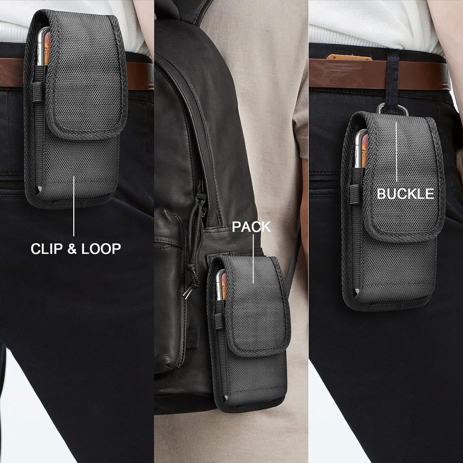Demonstrates the product's versatility by showing three different ways to carry or attach the pouch (clip & loop on belt, attached to backpack, and buckle attachment), reassuring shoppers of its…