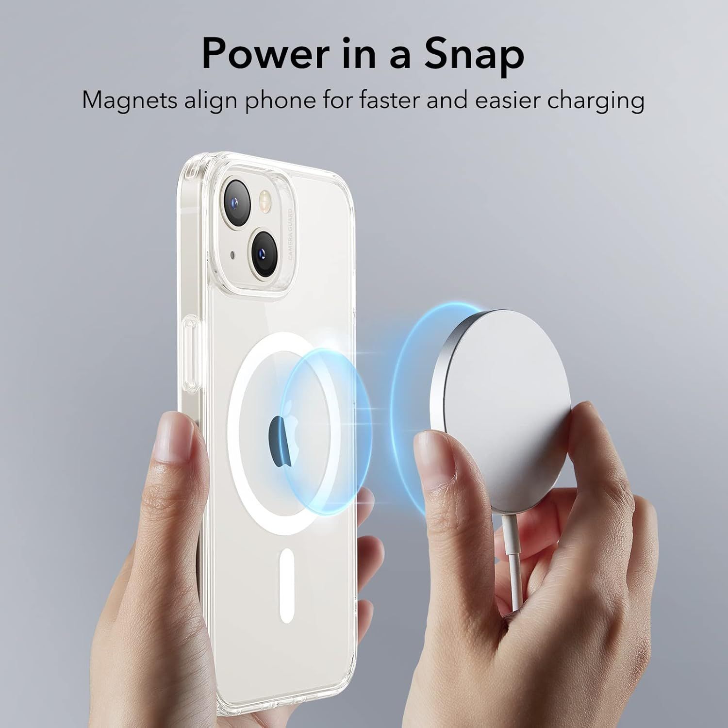 Demonstrates how the magnetic charger aligns and attaches to the phone for easy wireless charging, reassuring shoppers about the simplicity and convenience of use. Highlights the magnetic alignment…