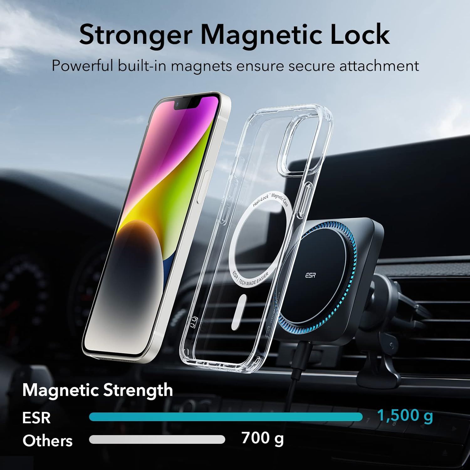 Demonstrates the superior magnetic holding power of the ESR product compared to competitors, reassuring shoppers that their phone will stay securely attached to the car mount. Visually compares the…
